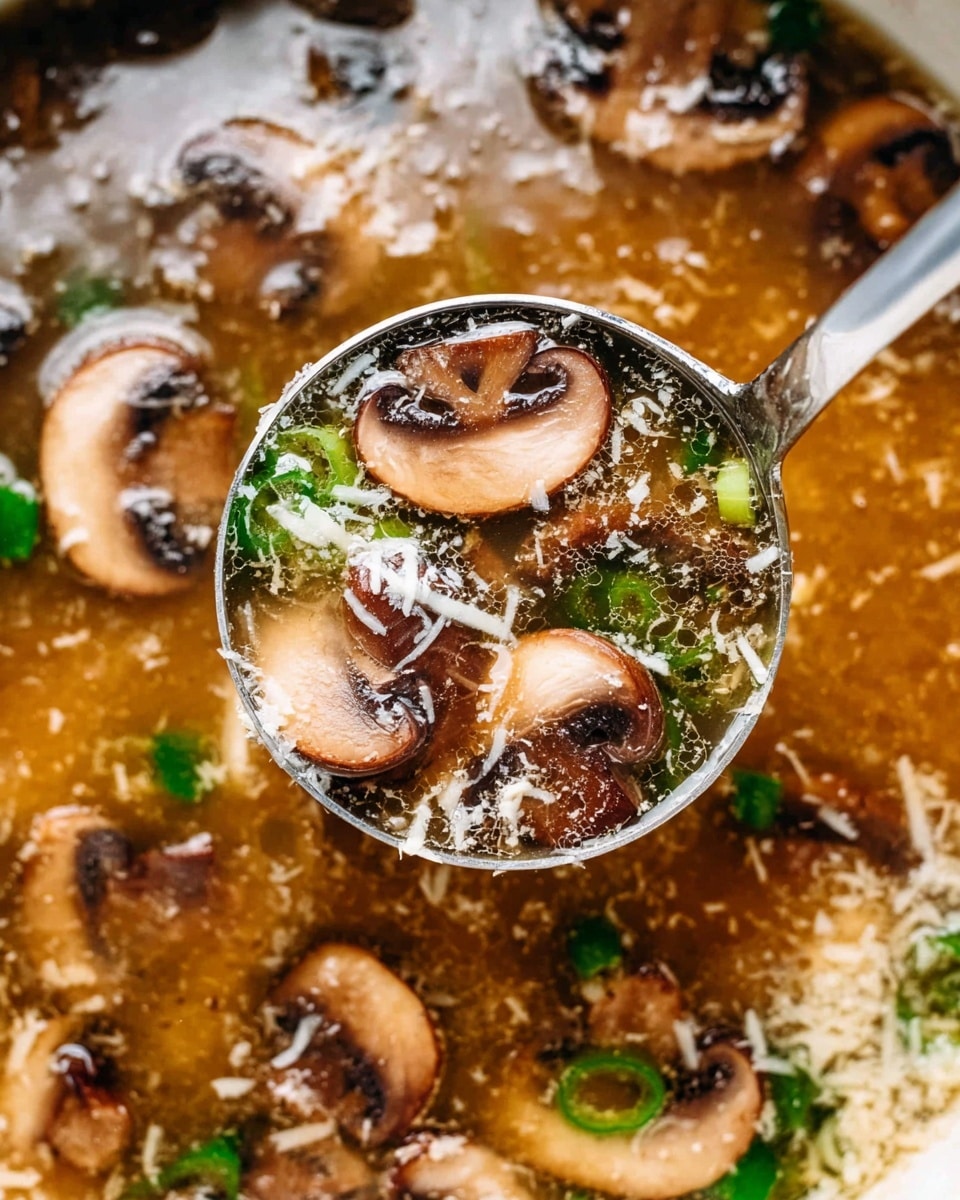 The image shows a close-up of a ladle scooping up a mushroom soup. The soup has a golden brown broth with small bubbles and floating grated white cheese on top. There are many brown sliced mushrooms with visible white interiors scattered throughout the soup. Small green onion slices add a touch of bright green color. The ladle is shiny metal and filled with the same mushroom slices, cheese, and green onion. The background has the white marbled texture around the soup, making the colors stand out clearly. photo taken with an iphone --ar 4:5 --v 7