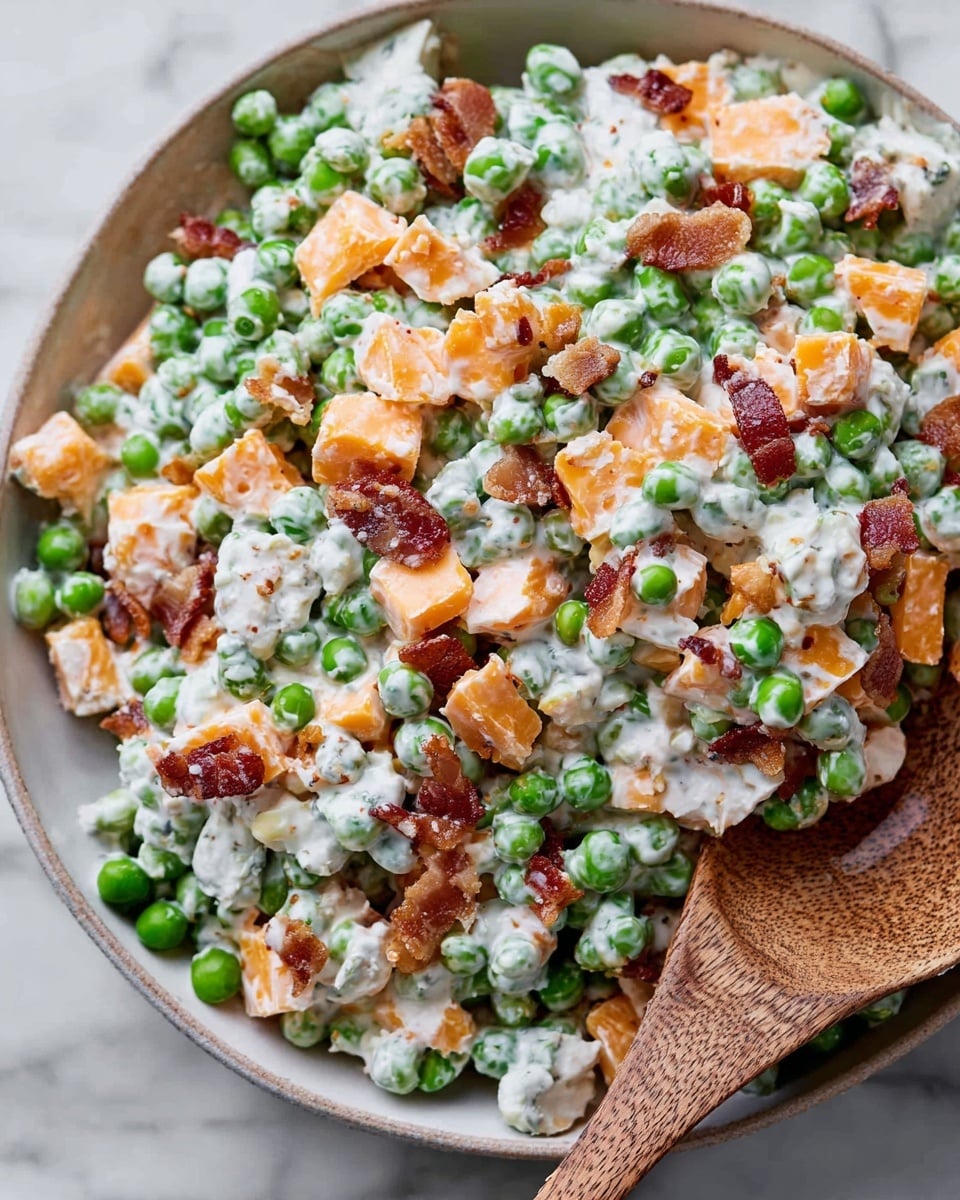 A close-up view of a creamy pea salad served in a round white bowl. The salad has three main layers mixed together: bright green peas, orange cubes of cheddar cheese, and small pieces of crispy, reddish-brown bacon bits. The creamy dressing coats the ingredients, giving a smooth white texture that blends all parts evenly. A wooden spoon is placed on the right side, partly covered by the salad. The bowl sits on a white marbled surface. Photo taken with an iphone --ar 4:5 --v 7