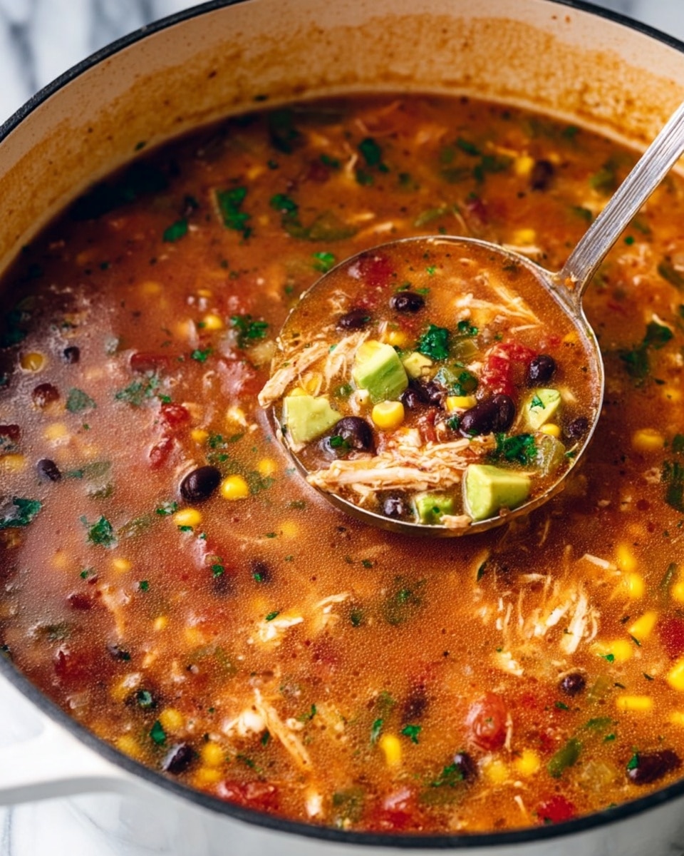A large white pot filled with thick soup showing many small pieces including yellow corn, black beans, red diced tomatoes, green herbs, and shredded chicken in a reddish-brown broth. A silver ladle is lifting some soup, revealing a close-up mix of corn, black beans, small green avocado pieces, tomato bits, and fresh chopped cilantro. The pot sits on a white marbled surface, with the soup surface showing a slightly oily shine and a cozy textured look. photo taken with an iphone --ar 4:5 --v 7