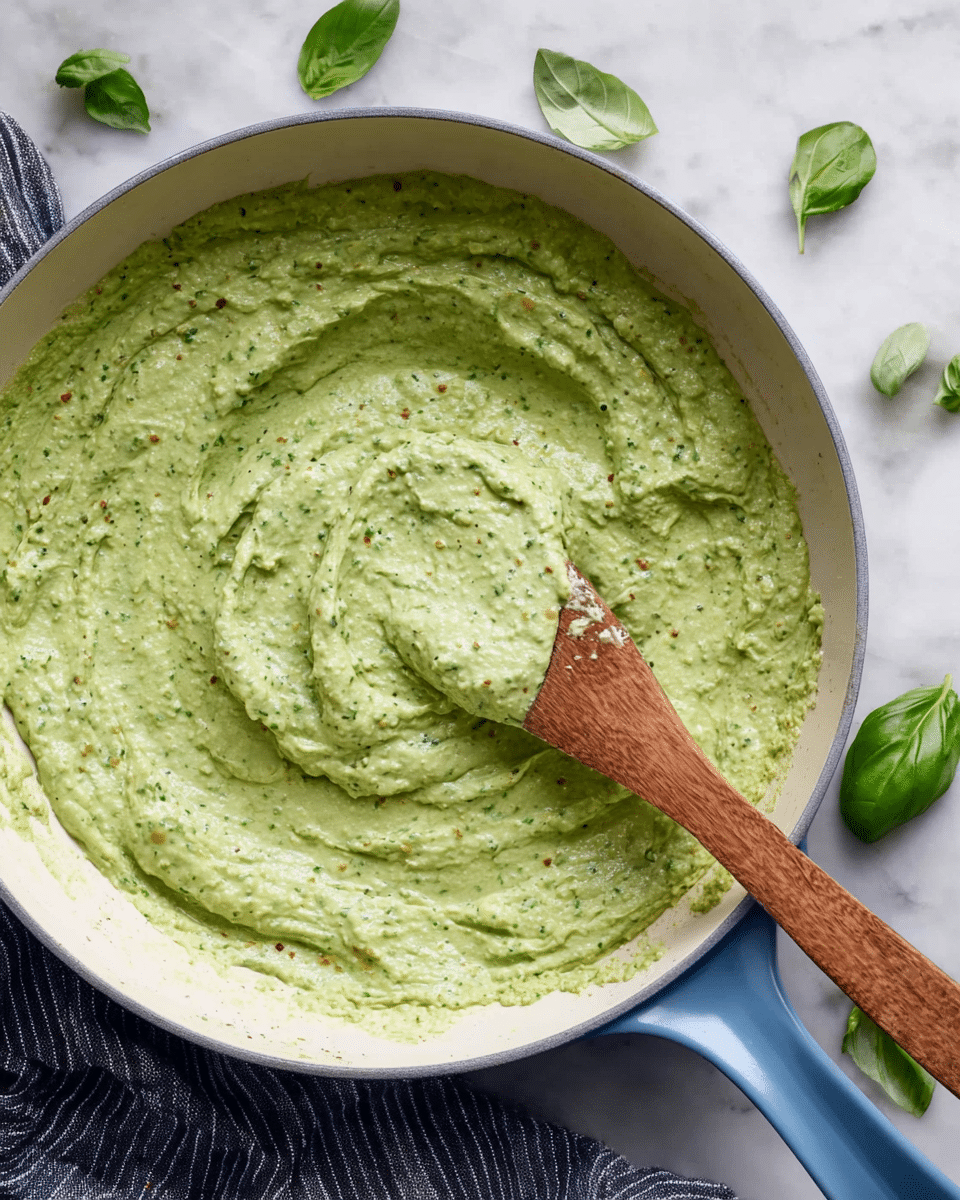 A close-up of a white pan filled with a thick, creamy green sauce that has small bits of herbs and spices giving it a textured look. The sauce covers the whole pan evenly, with a shallow depression in the center where a wooden spatula is partly submerged, spreading the sauce around. The handle of the pan is blue, extending out to the right. Fresh green basil leaves lie around the pan on a white marbled surface, along with part of a dark striped cloth. Photo taken with an iphone --ar 4:5 --v 7