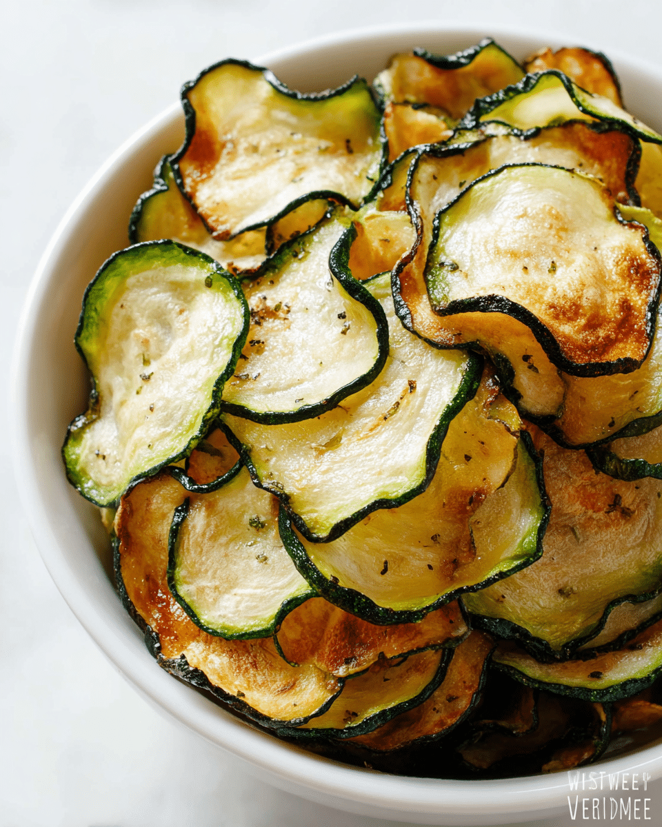 A close-up view of a white bowl filled with thinly sliced zucchini chips. The chips have a crispy texture with golden brown and light green colors, showing a slight curl and crisp edges. The skin on the edges is dark green, contrasting with the lighter, almost translucent centers of the chips. The bowl sits on a white marbled surface, and the chips are piled high, filling the bowl with visible seasoning specks. Photo taken with an iphone --ar 4:5 --v 7