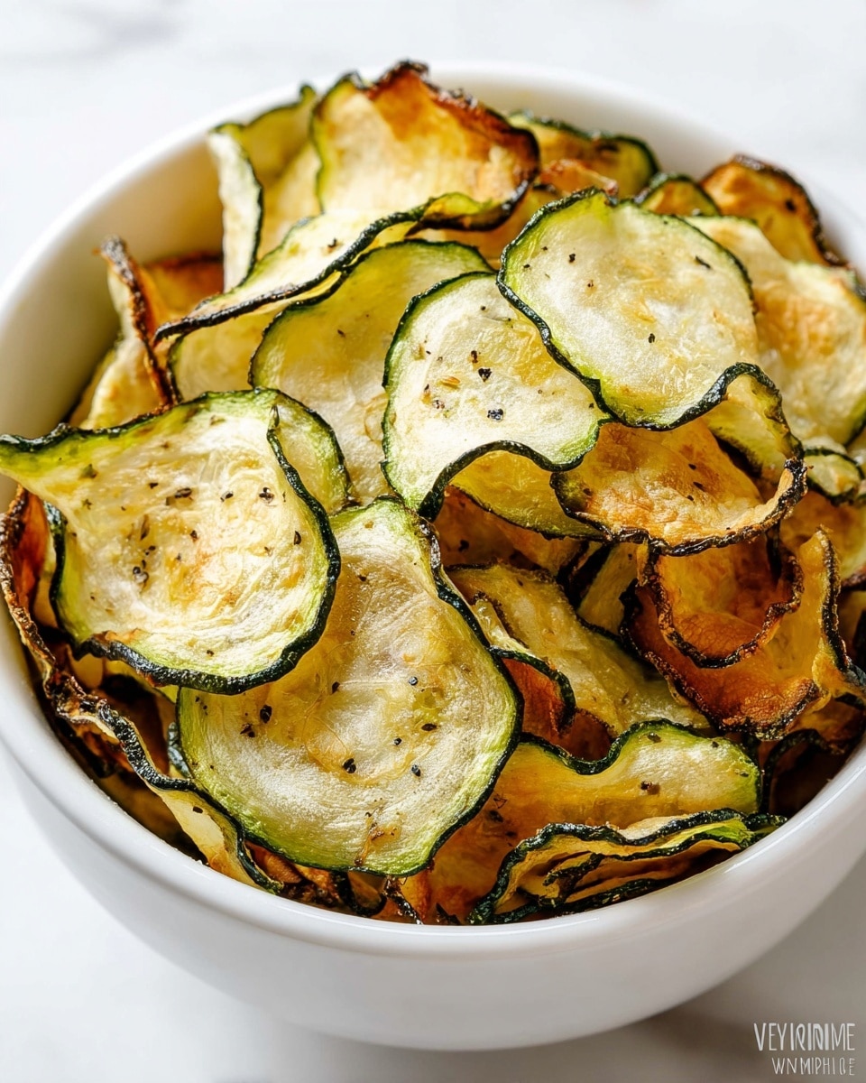 A white bowl filled with thin, crispy zucchini chips. The chips have a mix of golden brown and light green with darker green edges, showing slight curling and uneven crispiness. The texture looks crunchy with some small black pepper specks on the surface. The bowl arrangement shows many overlapping layers of chips all piled up. The background is a white marbled texture. Photo taken with an iphone --ar 4:5 --v 7