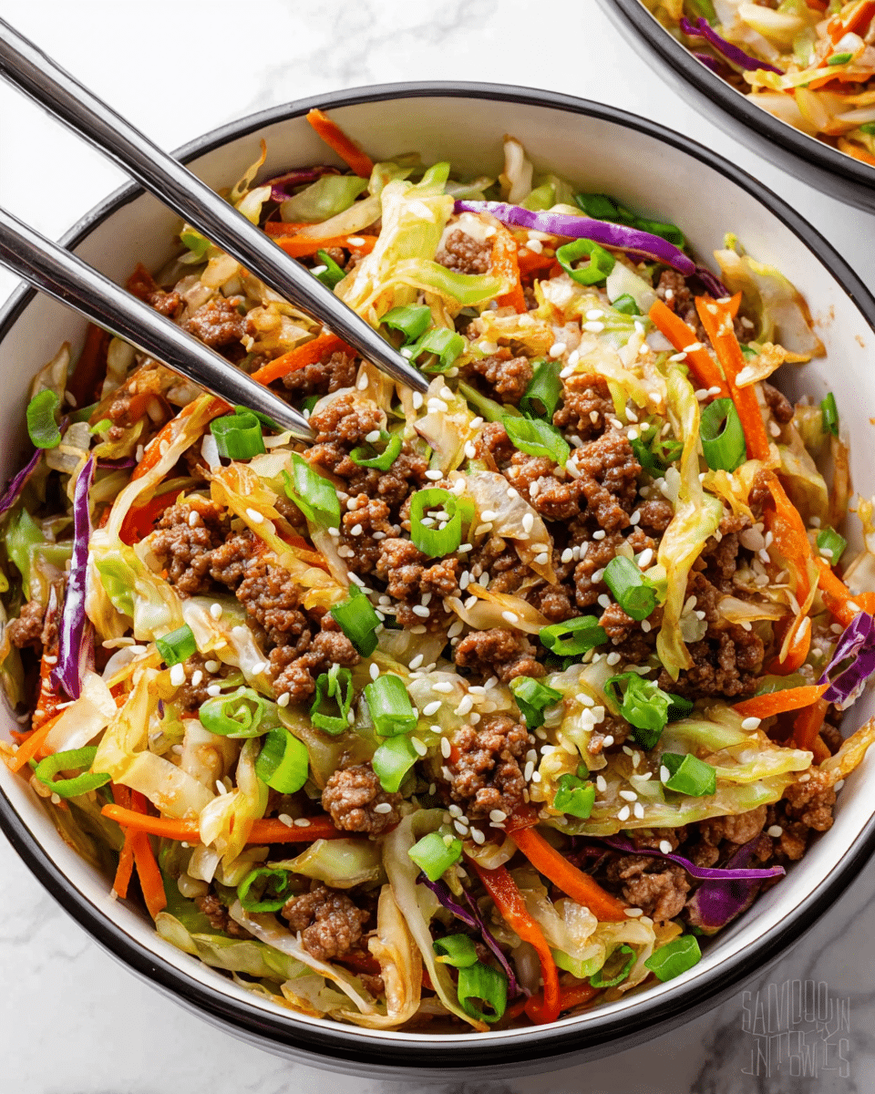 A white bowl with a black rim holds a colorful stir-fry with multiple layers; the base layer has cooked shredded cabbage in green, white, and purple colors mixed with thin carrot sticks in orange. On top of this sit browned crumbled pieces of cooked ground meat with a slightly crispy texture. Garnishing the dish are sliced green onions scattered all over and white sesame seeds sprinkled across the top. Metal chopsticks rest on the left side, picking up some of the stir-fry. The bowl is placed on a white marbled surface. photo taken with an iphone --ar 4:5 --v 7
