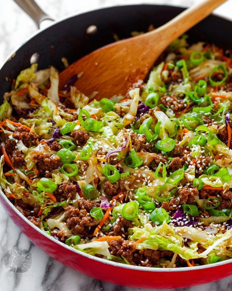 A close-up of a cooked dish in a black pan with a red handle, showing three main layers: a bottom layer of shredded mixed cabbage with white and purple pieces, a middle layer of cooked browned ground meat scattered in small chunks, and a top layer of bright green sliced scallions and white sesame seeds sprinkled evenly. The texture looks moist and stir-fried, with some orange carrot strips mixed within the cabbage. A wooden spatula is resting on the food, partially submerged among the layers, giving a warm and fresh feel. The background is a white marbled texture. photo taken with an iphone --ar 4:5 --v 7