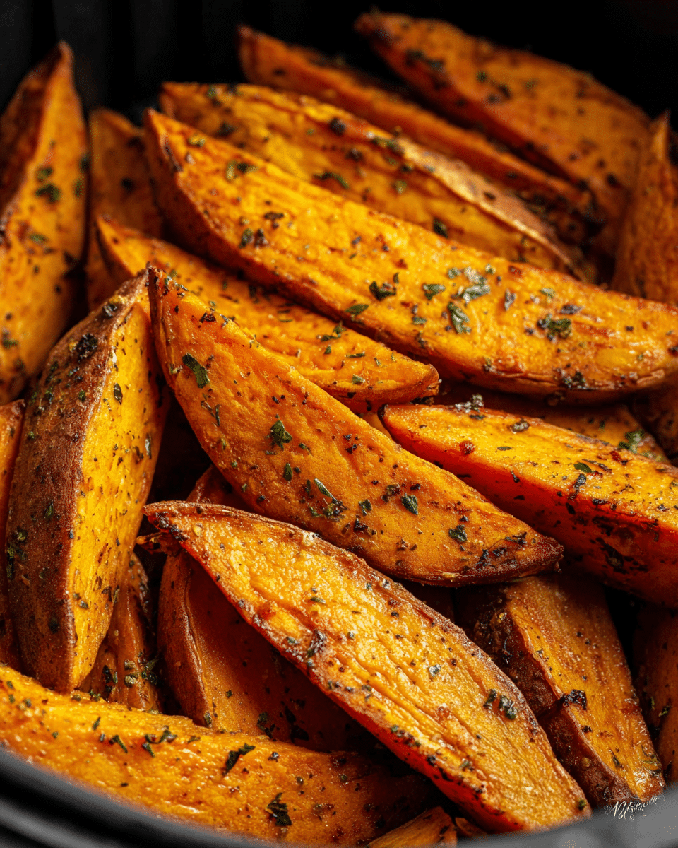 The image shows a close-up of many thick-cut sweet potato fries with golden orange color and crispy, slightly charred edges. The fries are seasoned with visible green herbs and black pepper, creating small dark specks on the surface. They fill a black air fryer basket that contrasts with the bright fries inside. The fries have a textured skin and soft inner layer that is slightly fibrous, with some overlapping and others leaning against the basket's sides. Photo taken with an iphone --ar 4:5 --v 7