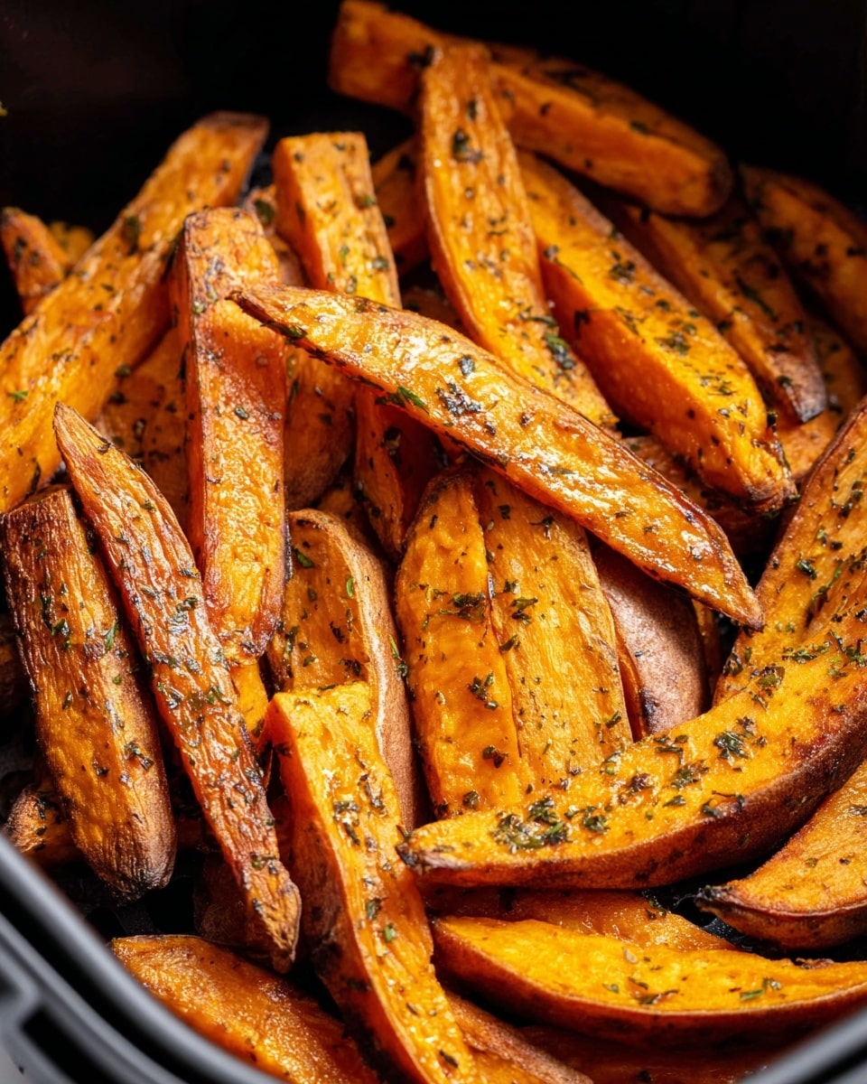 A close-up view of many thick sweet potato wedges piled in a black air fryer basket. The wedges have a warm orange color with a slightly crispy texture and a few dark brown char marks. They are seasoned with visible tiny green and black herbs and spices all over. The wedges are layered randomly, filling the basket with some pieces leaning on each other, showing different angles of the crispy edges and soft inside. photo taken with an iphone --ar 4:5 --v 7