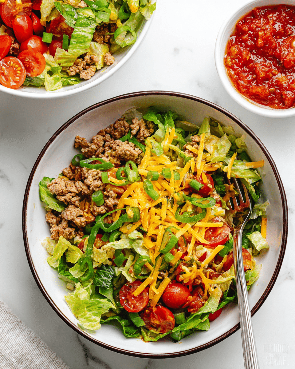 A clear glass bowl filled with a layered taco salad sits on a white marbled surface. The bottom layer is fresh green lettuce, roughly chopped, followed by dark brown cooked ground beef pieces scattered over it. On top, there are bright red halved cherry tomatoes and thinly sliced green onions adding pops of color. The salad is finished with a sprinkle of shredded orange cheddar cheese spread evenly. Around the bowl, lime wedges, green onion slices, and small white bowls of sauce create a fresh and vibrant setting. Photo taken with an iphone --ar 4:5 --v 7