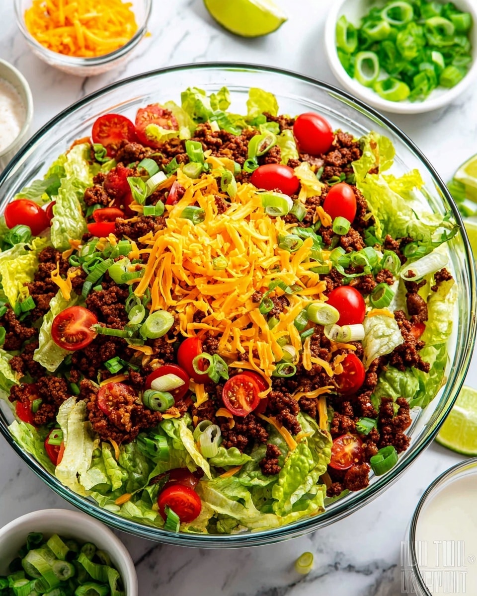 A white bowl with a dark rim holds a mixed salad of three main layers: the base layer consists of chopped green lettuce and halved red cherry tomatoes with a fresh, crisp texture; the middle layer features brown cooked ground meat scattered evenly, adding a hearty look; the top layer is shredded yellow cheddar cheese and chopped green onions, creating a bright contrast. A silver fork is partially placed inside the bowl on the right side. In the background on a white marbled surface, there is another white bowl with a similar salad visible on the left and a small white bowl filled with chunky red salsa on the right. photo taken with an iphone --ar 4:5 --v 7