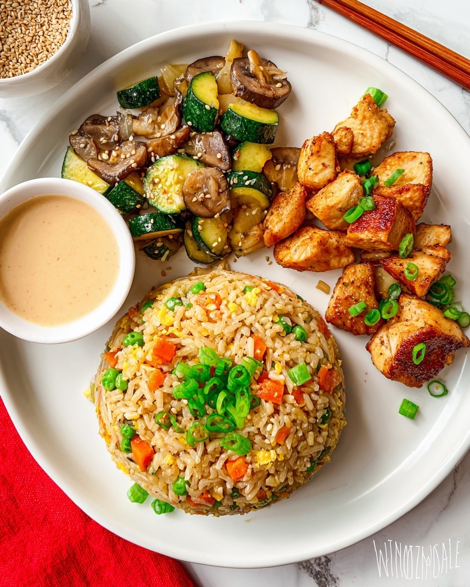 A white plate shows a meal with three main parts: in the top right is a round mound of fried rice with orange carrot pieces and green onion bits mixed in; on the left side are small golden-brown chicken pieces, with one piece held by wooden chopsticks covered in a light beige sauce; at the bottom are sautéed vegetables including dark brown mushrooms, bright green zucchini chunks, and translucent cooked onions sprinkled with light tan sesame seeds. On the far right edge of the plate, there is a small white bowl of dipping sauce. The plate rests on a white marbled surface. photo taken with an iphone --ar 4:5 --v 7