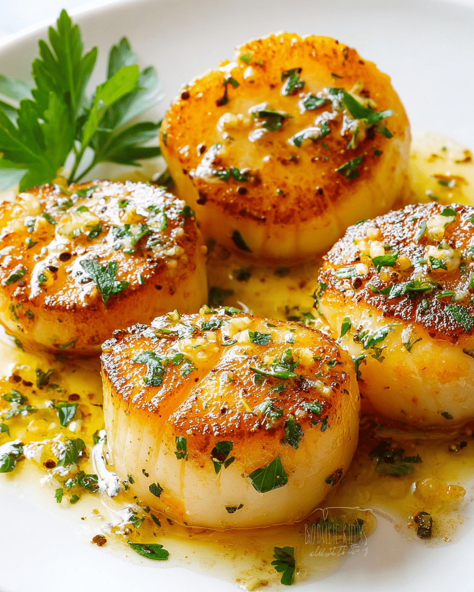 The image shows four large, golden-brown seared scallops arranged closely on a white plate. Each scallop has a caramelized top with a slightly crispy texture and is sprinkled with finely chopped green herbs. The herbs add fresh green specks over the scallops, contrasting with their warm, yellowish-orange tones. A small bunch of fresh green parsley sits on the side of the plate, adding a touch of vibrant color. The glossy surface around the scallops shows a light oily sauce with visible black pepper and herb fragments, giving a moist and flavorful appearance. The plate rests on a white marbled surface, creating a clean and bright setting. Photo taken with an iphone --ar 4:5 --v 7