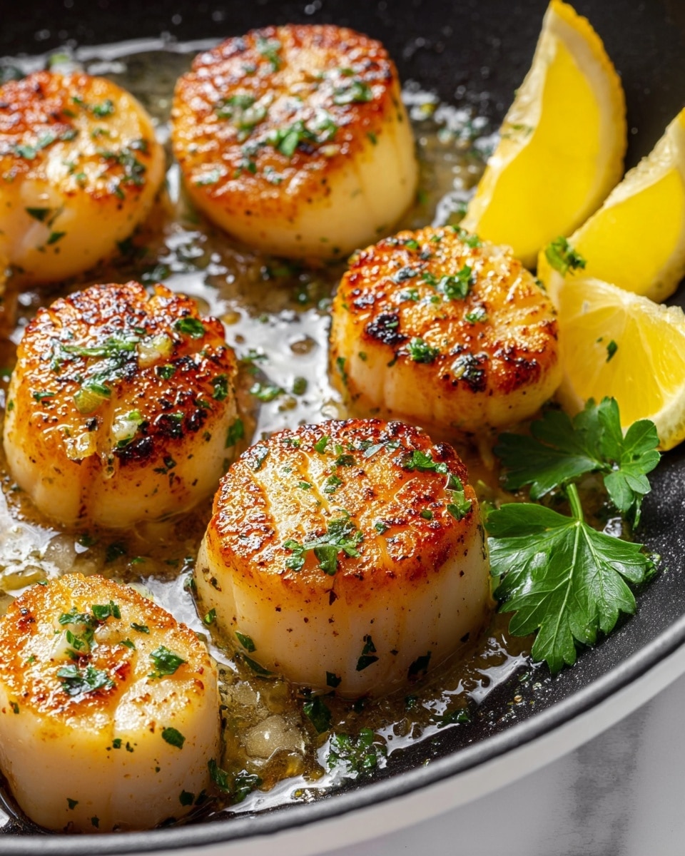 The image shows a close-up of six golden-brown seared scallops, each with a lightly crispy texture on the top and sprinkled with finely chopped green herbs, in a white skillet filled with a small amount of melted butter or oil. Three bright yellow, thin lemon slices are placed at the top right side of the skillet. A few fresh parsley leaves add a bright green color contrast near the bottom scallops, enhancing the fresh look. The black skillet contrasts with the white marbled surface underneath, making the scallops stand out vividly. Photo taken with an iphone --ar 4:5 --v 7