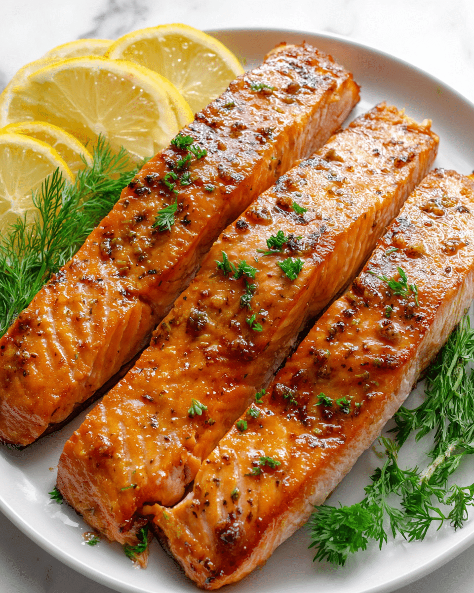A close-up of a cooked salmon steak on a white plate, showing one thick piece with a pinkish-orange color and light grilled marks, topped with a shiny, light yellow sauce being drizzled from a spoon above. The salmon is garnished with green herbs and two thin lemon slices placed near the top left corner. The plate rests on a white marbled surface. photo taken with an iphone --ar 4:5 --v 7