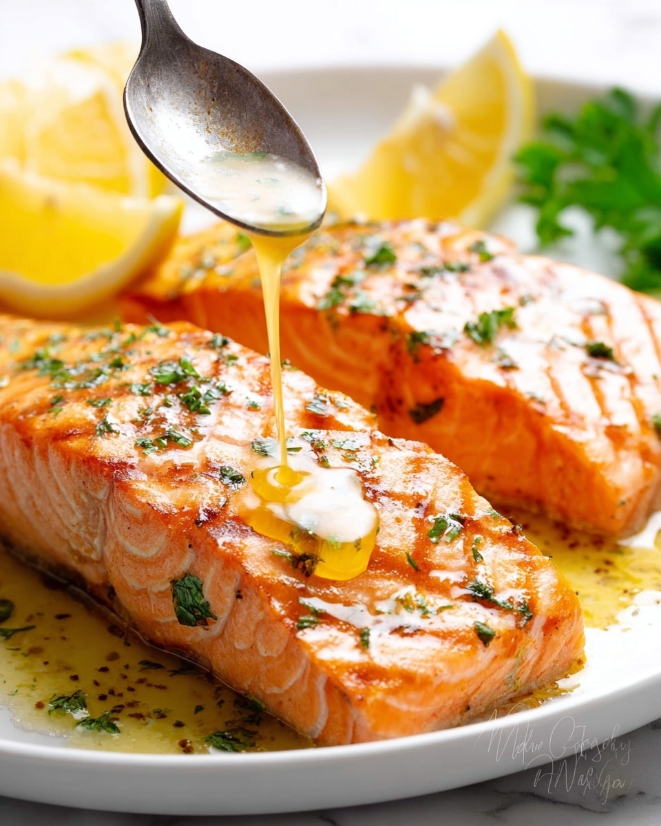 The image shows a white plate with three thick, cooked salmon fillets lying side by side, each with a glazed, slightly crispy orange-brown surface with visible herbs and spices. The fillets have a moist, flaky texture with a pinkish interior. On the left side of the plate, there are three thin lemon slices neatly placed on top of the salmon, alongside green parsley and dill sprigs adding a fresh touch. The plate rests on a white marbled texture, enhancing the bright colors of the dish. photo taken with an iphone --ar 4:5 --v 7