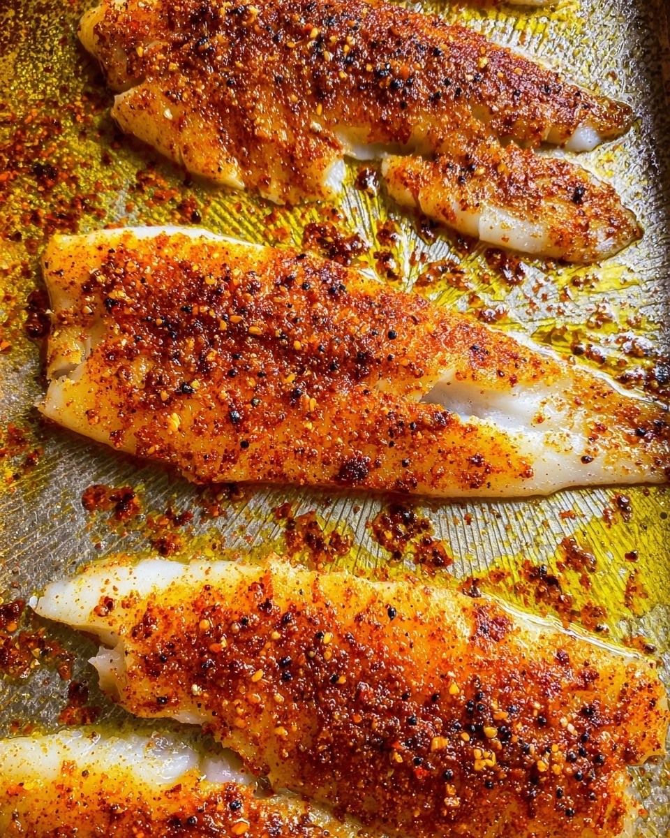 The image shows a close-up of four baked fish fillets on a metal baking tray with a textured surface. Each fillet is covered with a bright orange-red spice mix and sprinkled with black pepper, giving a slightly crusty look. The fish pieces are thin and white beneath the seasoning, with a moist and flaky texture visible at some edges. The tray has a mix of yellowish oil and brown baked spice residues around the fillets, creating a golden shiny pattern. The fillets are arranged close together across the tray's surface. Photo taken with an iphone --ar 4:5 --v 7