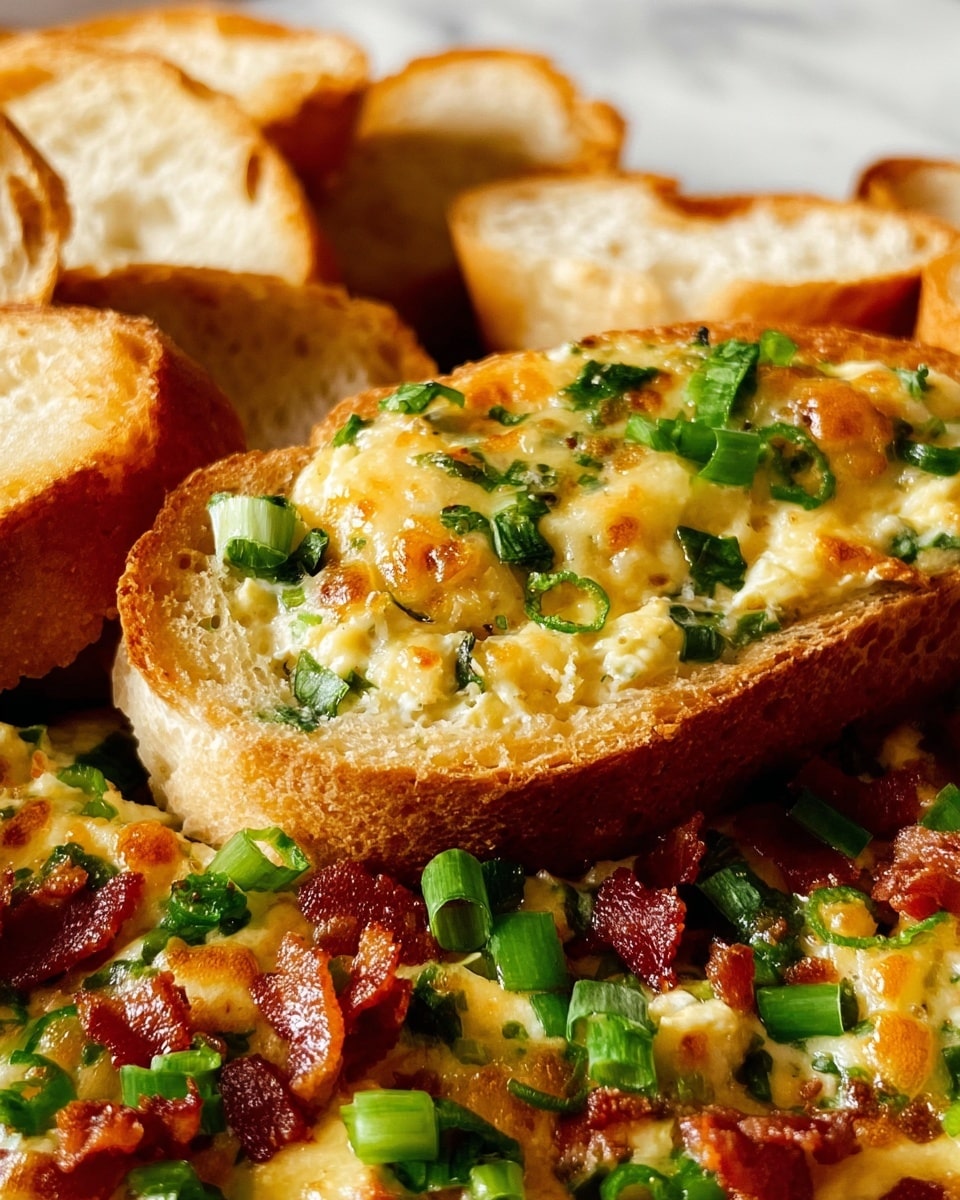 The image shows a close-up of toasted slices of bread arranged in the background with a golden, bubbly, melted cheese spread on one slice in the front. This cheese spread has a slightly browned top with visible green bits, likely chopped herbs, mixed throughout. Below the bread, there is a layer of crispy, small bacon pieces mixed with freshly chopped green onions, creating a textured and colorful base with reddish and bright green hues. The scene is set on a white marbled background, giving a clean and bright contrast to the warm tones of the food. photo taken with an iphone --ar 4:5 --v 7