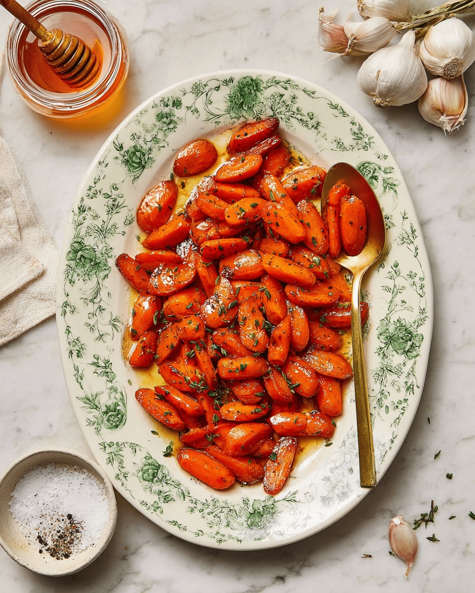 A white plate with green floral patterns holds a layer of bright orange roasted baby carrots, glistening with a shiny glaze and lightly sprinkled with finely chopped herbs. The carrots are cut into small sections and arranged in a loose pile, showing slightly charred edges that add texture. A large gold spoon sits partly on the plate, scooping some carrots. Nearby, a glass jar filled with amber-colored honey with a honey dipper is visible at the top left, and a small white bowl filled with coarse salt and pepper is placed at the bottom right, close to whole garlic bulbs. The scene is set on a white marbled surface, giving a clean and fresh look. photo taken with an iphone --ar 4:5 --v 7