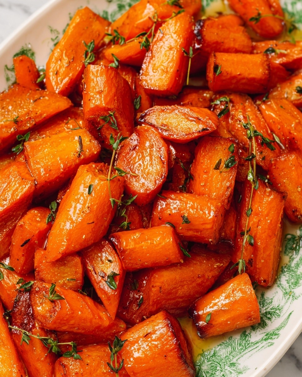 A close-up view of roasted carrots cut into uneven chunks, showing a shiny, slightly caramelized orange surface with hints of char and soft texture. The carrots are arranged in one thick layer, sprinkled with small green herb leaves and bits of thyme, adding contrast to the bright orange. The dish is presented on a white plate with green patterns visible on the edges, sitting on a white marbled texture background. The overall look is warm and appetizing, highlighting the carrots' tenderness and glaze. photo taken with an iphone --ar 4:5 --v 7
