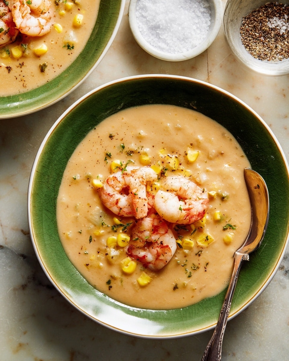 A close-up view of a creamy, light brown soup served in a white bowl with a greenish rim, featuring three pink and white shrimp arranged in the center on top of the soup. Scattered around the shrimp are bright yellow corn kernels and small bits of green herbs, adding color contrast. The soup has a smooth texture with some small chunks visible, filling the bowl nearly to the edge. The bowl is on a white marbled textured surface, with a metal spoon resting inside on the right side. A small white bowl with coarse salt and pepper is nearby. photo taken with an iphone --ar 4:5 --v 7