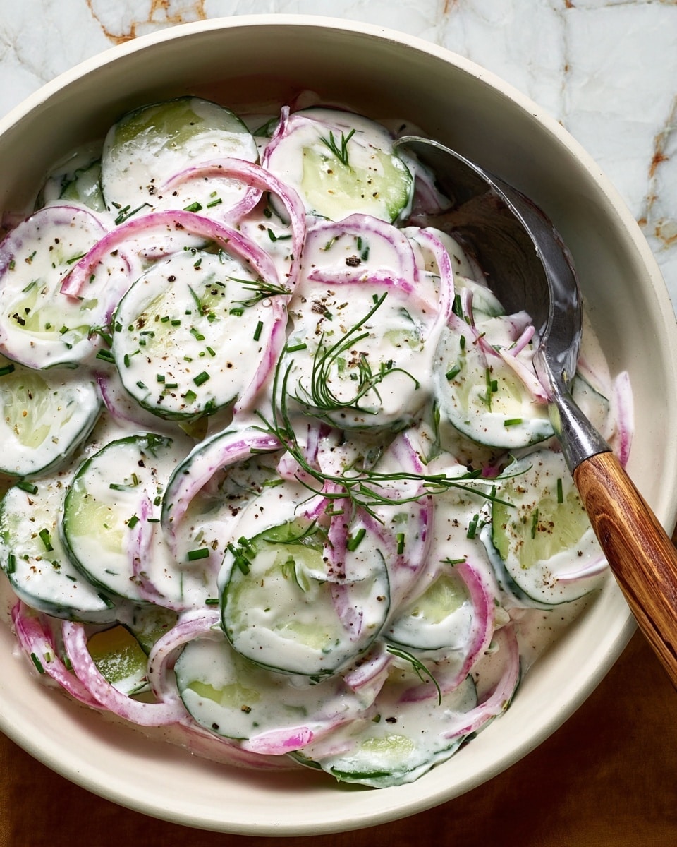 A close-up of a bowl filled with a creamy cucumber salad, showing one layer of thin, light green cucumber slices with darker green edges, mixed with light purple-red thin onion rings, all coated in a thick white creamy dressing that covers the vegetables evenly. The salad is sprinkled with small green herbs and finely chopped chives, and a few cracked black pepper specks are scattered on top. The bowl is white, and a metal spoon with a wooden handle rests inside, slightly lifting some salad. The background has a white marbled texture. Photo taken with an iphone --ar 4:5 --v 7