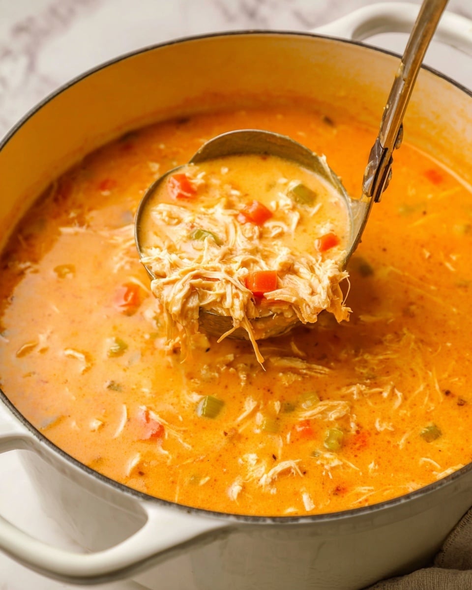 A close-up view of a thick orange soup in a white pot, showing three main layers: a creamy orange base with a smooth texture, shredded chicken pieces mixed throughout, and small diced vegetables like carrots and celery scattered on top and within the soup; a metal ladle scoops some soup, revealing all the layers together with a slightly glossy and hearty look, the pot set against a white marbled texture. photo taken with an iphone --ar 4:5 --v 7