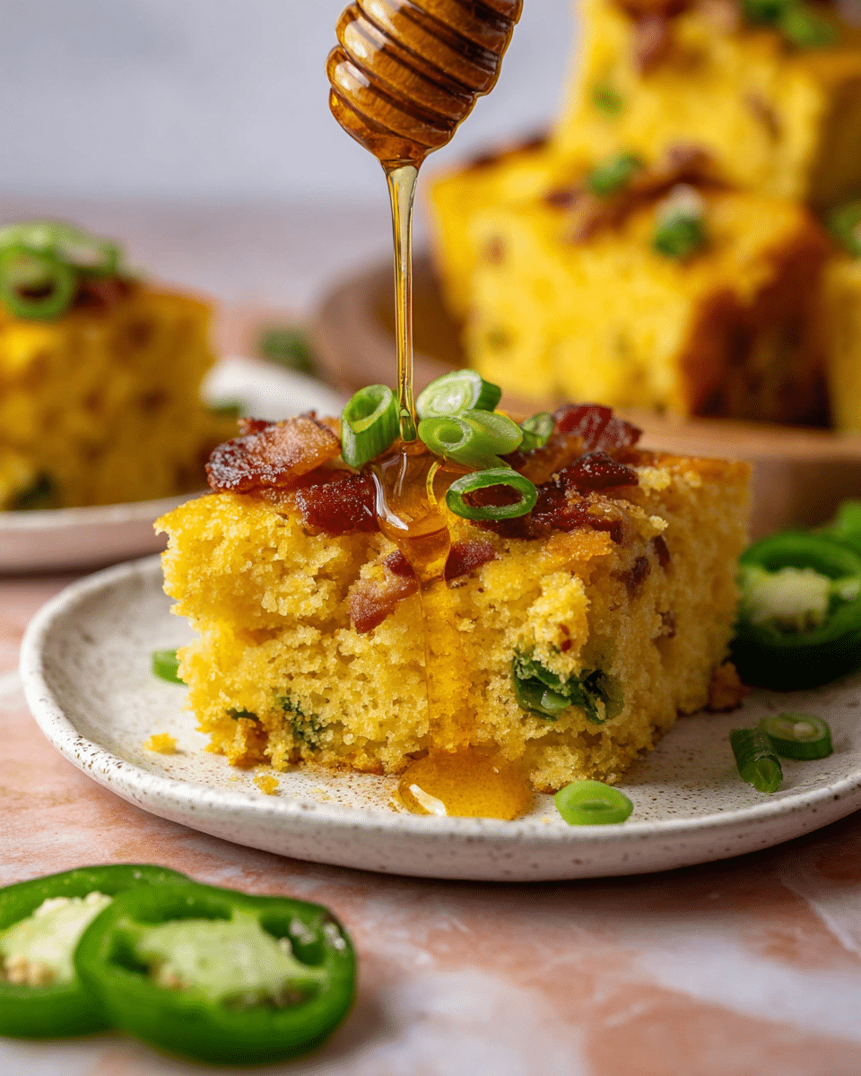 The image shows a close-up of a yellow cornbread square on a white plate with a crumbly texture, filled with bits of green jalapeño and crispy brown bacon pieces. On top, there are thin slices of green onion adding a fresh green touch. Honey is dripping down from a wooden honey dipper onto the cornbread, creating a glossy layer of golden syrup. In the background, there are more pieces of cornbread slightly out of focus, and some sliced jalapeños are placed next to the plate on a white marbled surface. photo taken with an iphone --ar 4:5 --v 7