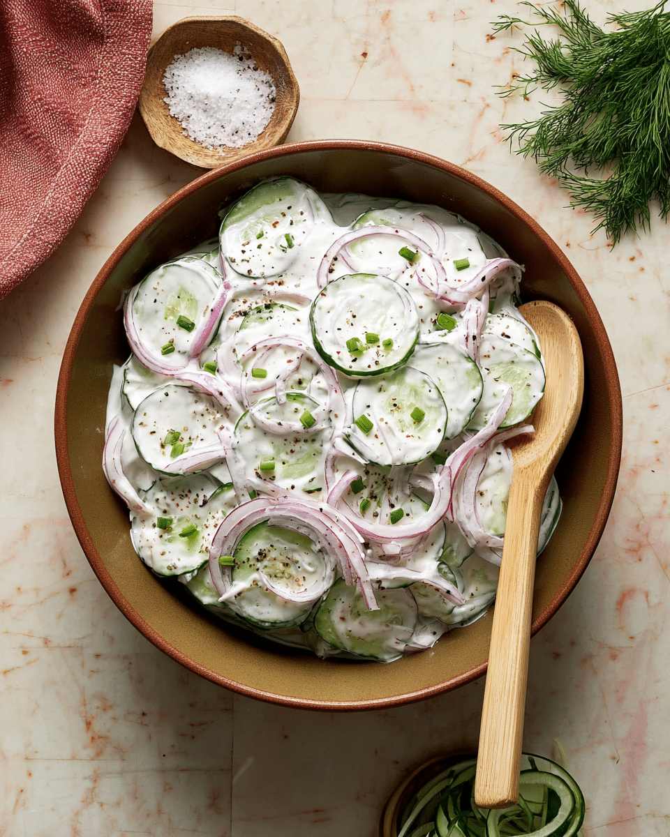 A bowl filled with creamy white cucumber salad shows several round, thin cucumber slices layered at the bottom, topped with light pink thinly sliced onions mixed in the creamy white sauce. Small green dill and chive pieces are scattered on top along with some black pepper, giving texture and a fresh look. A wooden spoon with a light tan handle rests inside the bowl, ready for serving. The bowl itself is a muted brown color, placed on a white marbled texture surface. Nearby, there is a small white bowl with salt and black pepper, some fresh green dill, and extra cucumber and onion slices peeking in the corner. photo taken with an iphone --ar 4:5 --v 7