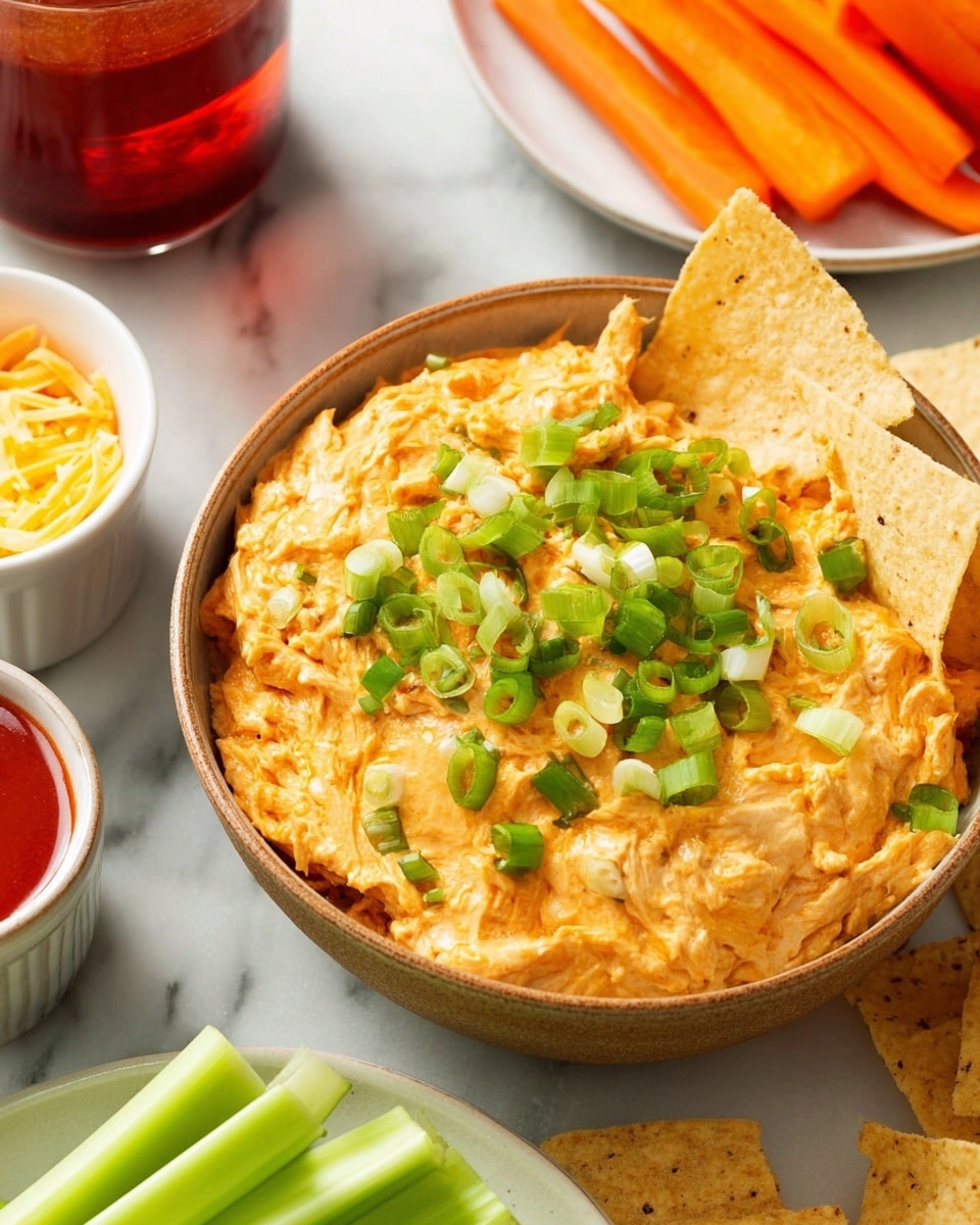 A close-up view of a bowl filled with a creamy, orange dip topped with chopped green onions, creating a fresh green contrast at the center. The dip's texture looks thick and slightly chunky, mixed with tortilla chips partially dipped along the edges. Surrounding the white marbled surface are a glass of red sauce, a small white bowl of shredded cheese, and fresh green celery sticks and carrot sticks on white plates. The scene shows an inviting arrangement for a snack or appetizer. photo taken with an iphone --ar 4:5 --v 7
