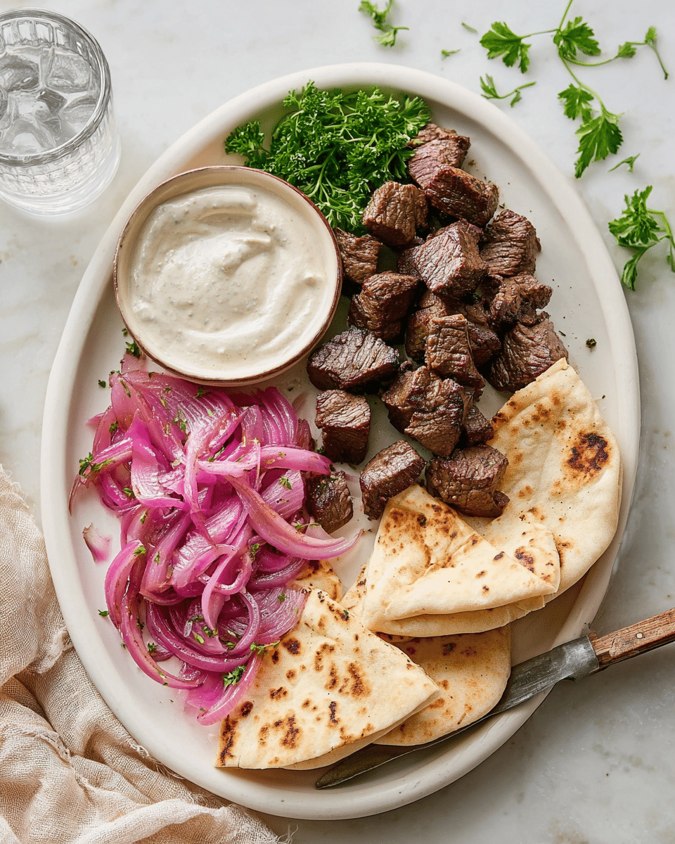 The dish is presented on a large white oval plate with four parts: on the top right side, there are dark brown grilled beef cubes stacked with a small bunch of green parsley on top; the bottom right side has three folded pieces of light beige pita bread overlapping each other; the bottom left holds a pile of cooked pink and purple onion slices with some parsley garnish at the base; sitting above the onions, slightly overlapping the beef, is a small bowl filled with creamy white sauce that has a smooth, slightly thick texture, accompanied by a small knife with a wooden handle positioned next to the bowl. The setting rests on a white marbled surface with a clear glass of water and scattered parsley leaves visible nearby. photo taken with an iphone --ar 4:5 --v 7