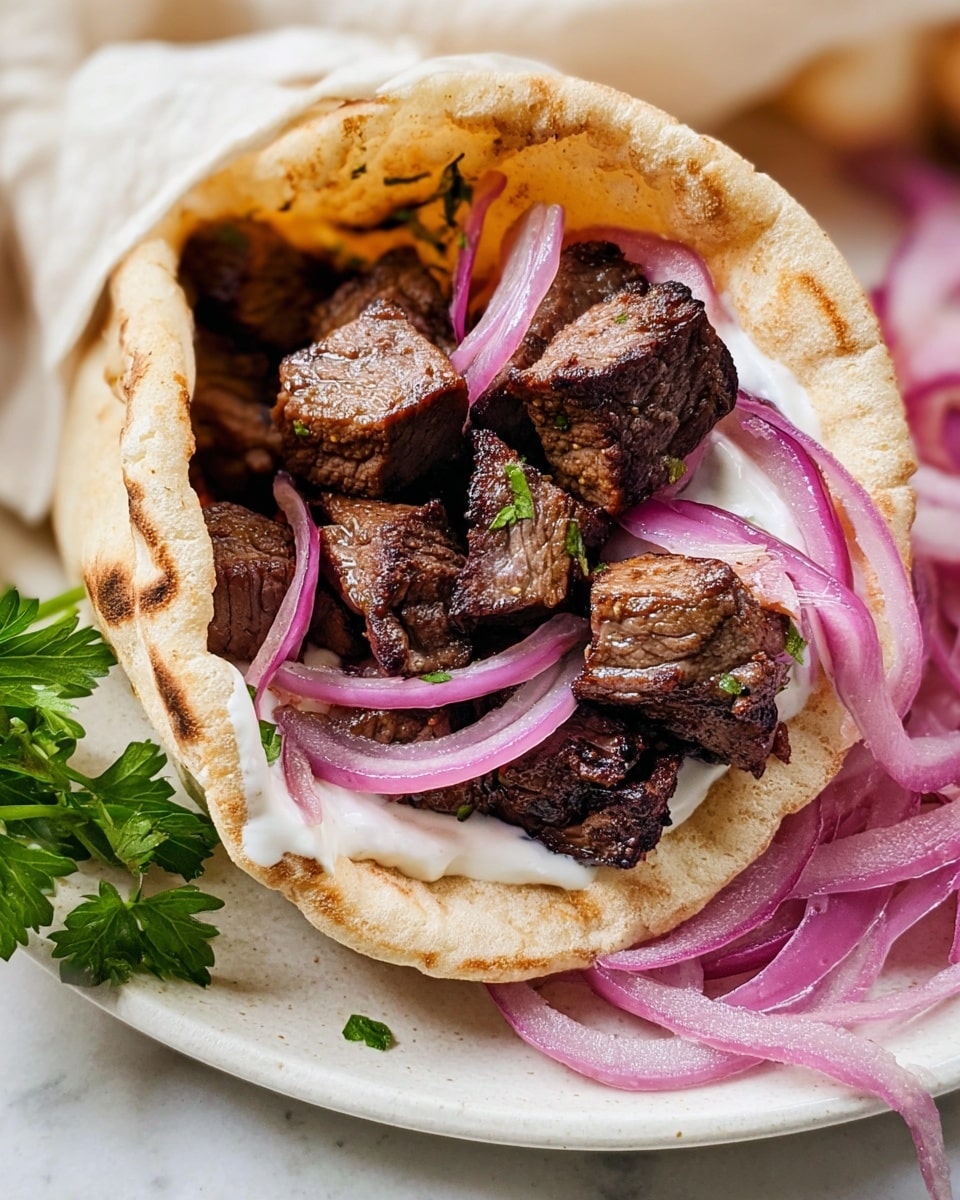 A close-up of a pita bread pocket filled with grilled beef cubes that are dark brown with a slightly charred texture, mixed with thick slices of cooked red onions showing a soft purple color. The pocket is spread with a creamy white sauce that lines the inner top edge. The stuffed pita is placed on a white plate which has extra cooked red onion slices and a small green parsley garnish beside it. The plate sits on a white marbled surface. photo taken with an iphone --ar 4:5 --v 7