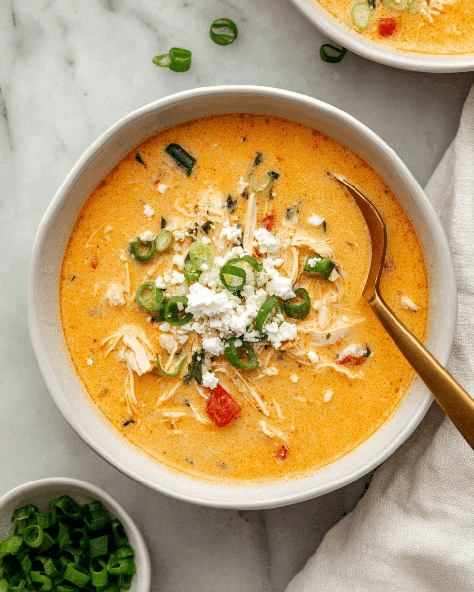 A white bowl filled with a creamy orange soup that has visible shredded chicken and small pieces of red pepper throughout. The soup is topped with a small mound of white crumbled cheese and scattered green onion slices. A gold spoon rests inside the bowl on the right side. The bowl is placed on a white marbled surface with a small bowl of chopped green onions nearby and a white cloth partially visible in the upper right corner. Photo taken with an iphone --ar 4:5 --v 7