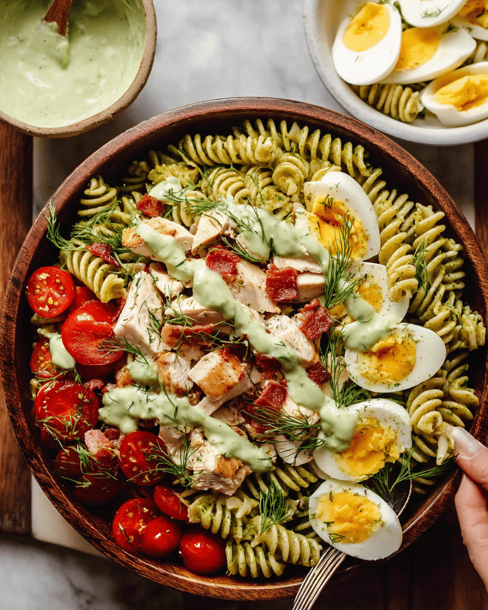 A large brown bowl filled with a fresh pasta salad consisting of three main layers: at the bottom, green herb-coated rotini pasta with a spiral texture, mixed with halved red cherry tomatoes and chunks of light brown grilled chicken; on top of that, scattered crispy reddish-brown bacon pieces and quartered boiled eggs with bright yellow yolks and white edges; the salad is topped with a creamy pale green dressing drizzled unevenly, garnished with fresh green dill sprigs. In the background, a white marbled surface holds a white bowl with extra creamy green dressing and halved boiled eggs with soft yolks. A spoon is partially visible in the salad with a woman's hand holding it. Photo taken with an iphone --ar 4:5 --v 7