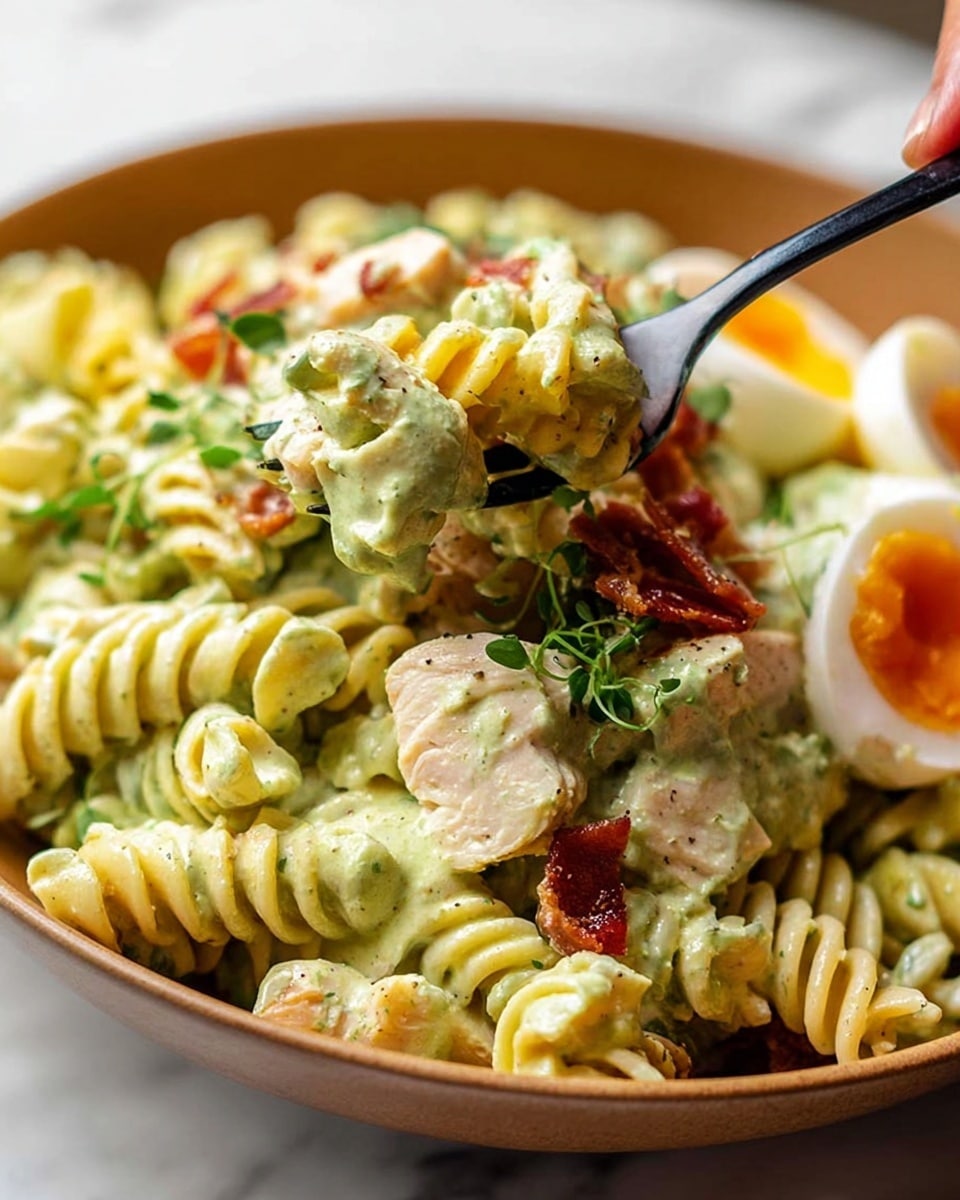 A close-up of a creamy pasta dish served in a white bowl placed on a white marbled surface. The main layer is spiral pasta coated in a thick, pale green creamy sauce. Pieces of cooked chicken, slightly off-white with a smooth texture, are mixed in throughout. Bright orange egg yolks, soft-boiled and split in half, sit on the side, partially covered in sauce. Small red bits, possibly crispy bacon or sun-dried tomatoes, add contrast on top of the noodles. Delicate green herb sprigs are sprinkled over for a fresh touch. A woman's hand is holding a black fork lifting a small bundle of pasta coated in sauce. Photo taken with an iphone --ar 4:5 --v 7