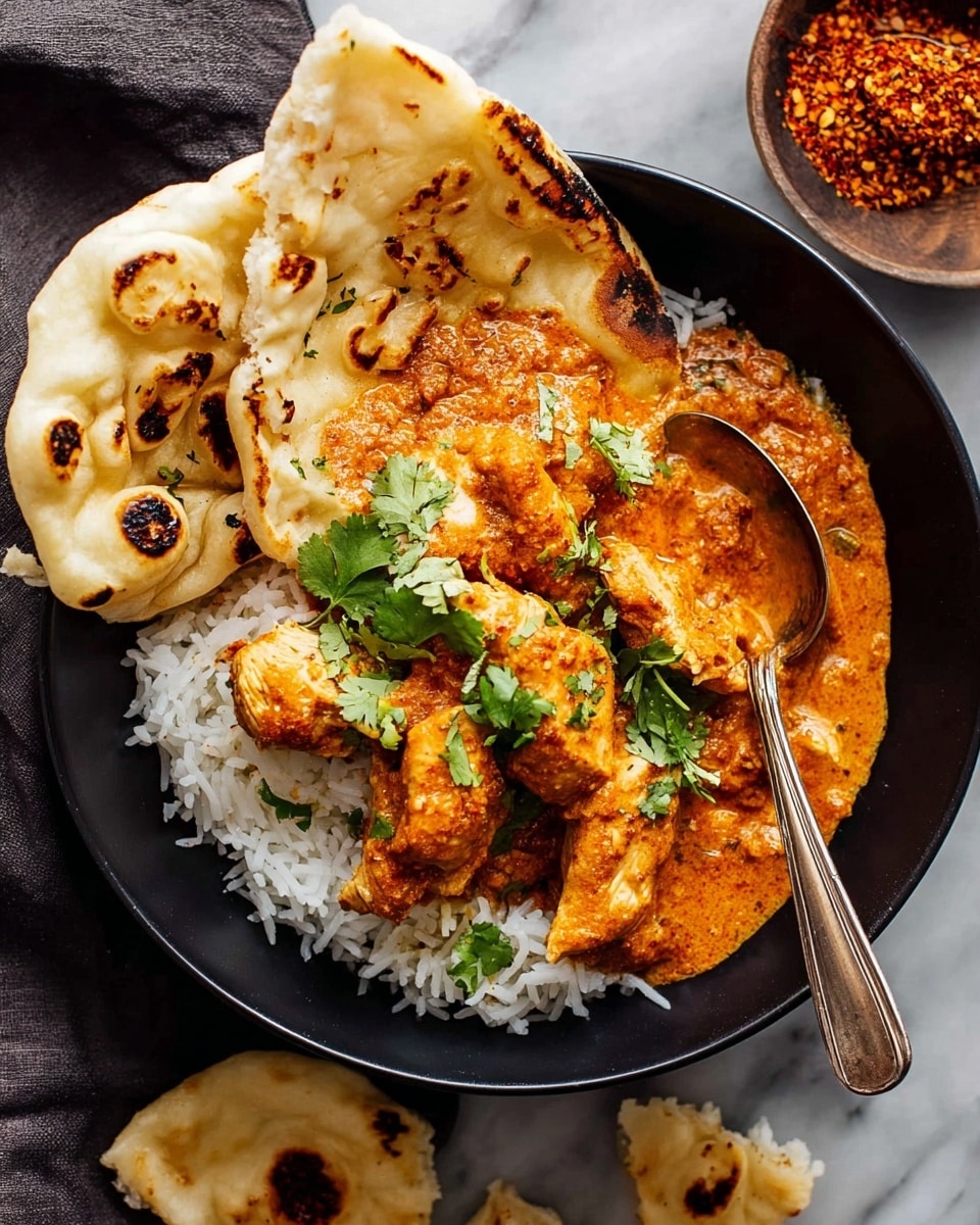 A black bowl holds a dish with three layers: at the bottom, white fluffy rice; on top of it, rich orange curry sauce covering sliced and whole pieces of cooked chicken, garnished with green cilantro leaves; resting on one side of the bowl is a folded piece of naan bread with golden toasted spots, held by a silver spoon. Around the bowl, some torn pieces of naan bread are scattered. The bowl sits on a white marbled surface with another small bowl containing a reddish spice nearby. Photo taken with an iphone --ar 4:5 --v 7