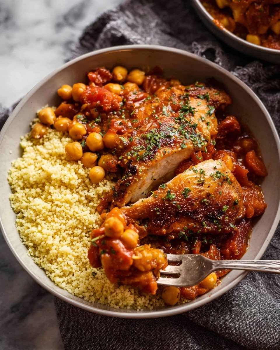 A white bowl filled with three layers: the bottom layer is light yellow couscous with a grainy texture, the middle layer consists of a mix of chickpeas and cherry tomatoes in a rich, red-orange sauce, and the top layer shows two pieces of golden brown cooked chicken with herbs sprinkled on top. A silver fork is holding a cut piece of chicken and some chickpeas, resting on the right side of the bowl. The bowl is placed on a gray cloth with a white marbled background. photo taken with an iphone --ar 4:5 --v 7