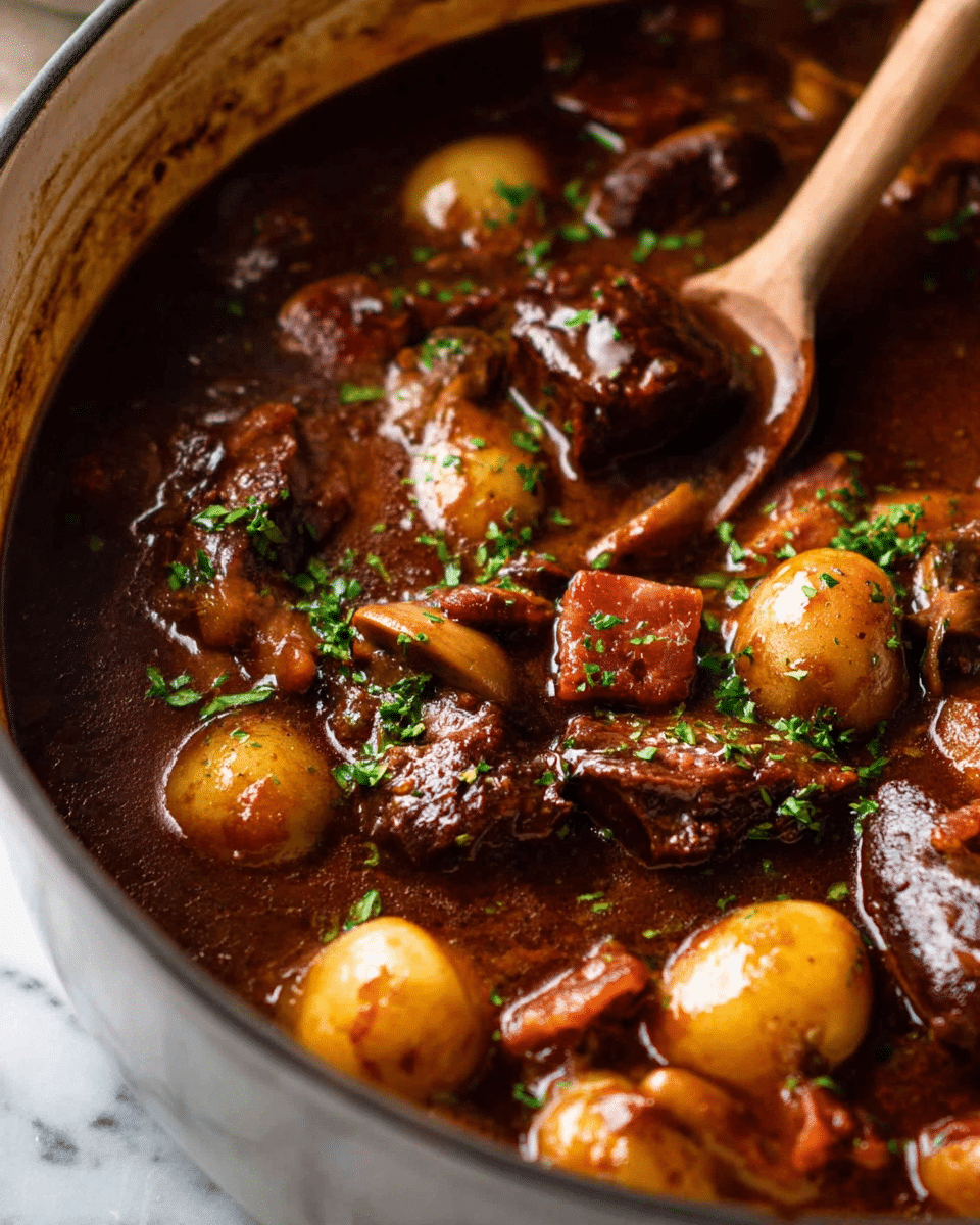 The image shows a close-up of a rich stew with several layers: large, dark brown pieces of cooked meat sit in a thick, glossy brown sauce. Small golden potatoes add color and round shapes throughout the dish. Cubes of reddish-brown bacon are scattered in the sauce with slices of light brown mushrooms. The stew is sprinkled with finely chopped green herbs for a fresh touch. The dish is inside a white pot, with the stew filling most of the space, and a wooden spoon stirring the ingredients. The background is a white marbled texture. photo taken with an iphone --ar 4:5 --v 7