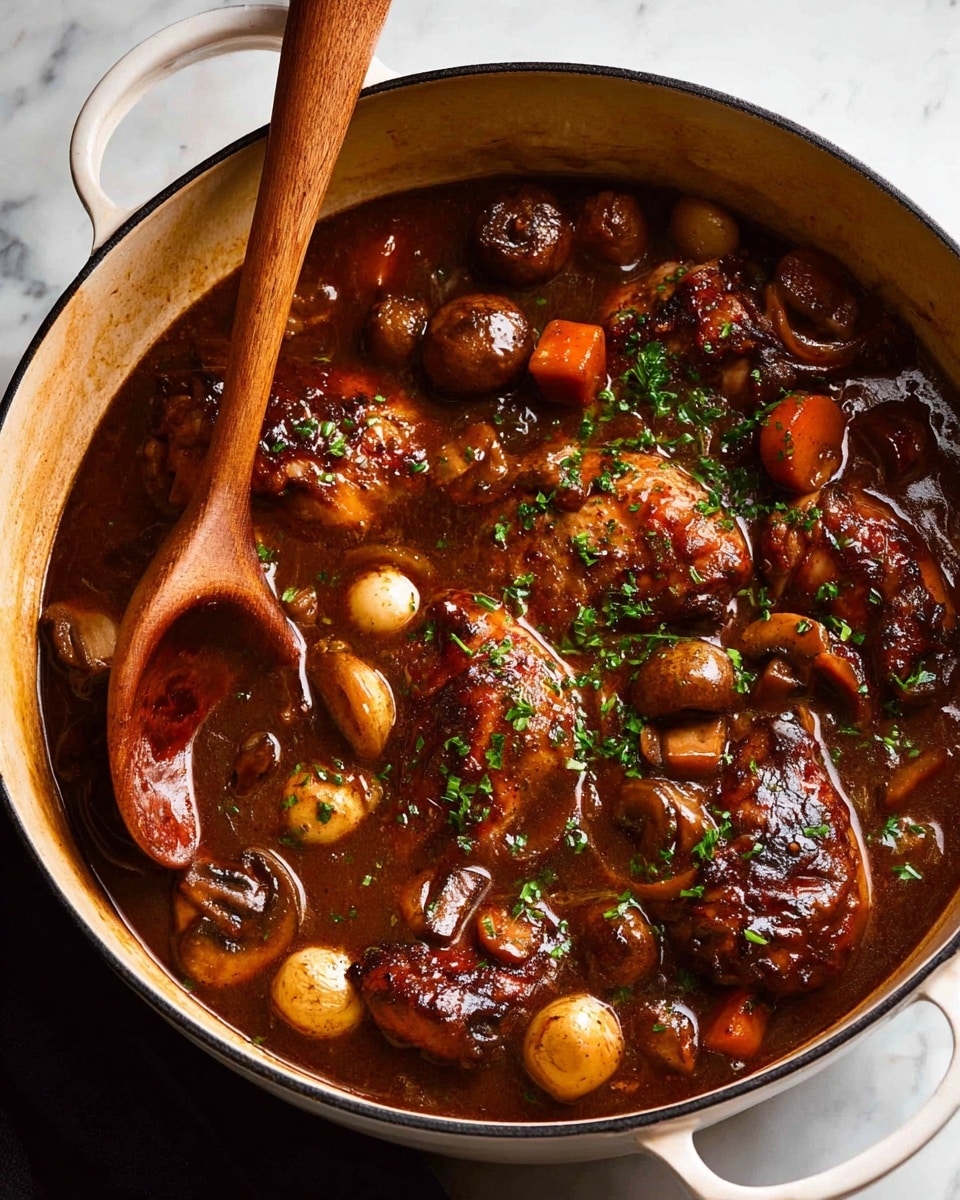 A white enamel pot filled with rich, dark brown stew containing several large pieces of browned chicken, whole small onions, thick slices of mushrooms, and small cubes of orange carrots scattered throughout, all coated in a glossy, thick sauce with tiny bits of green herbs sprinkled on top; a wooden spoon rests on the left side inside the pot, which is placed on a white marbled surface. photo taken with an iphone --ar 4:5 --v 7