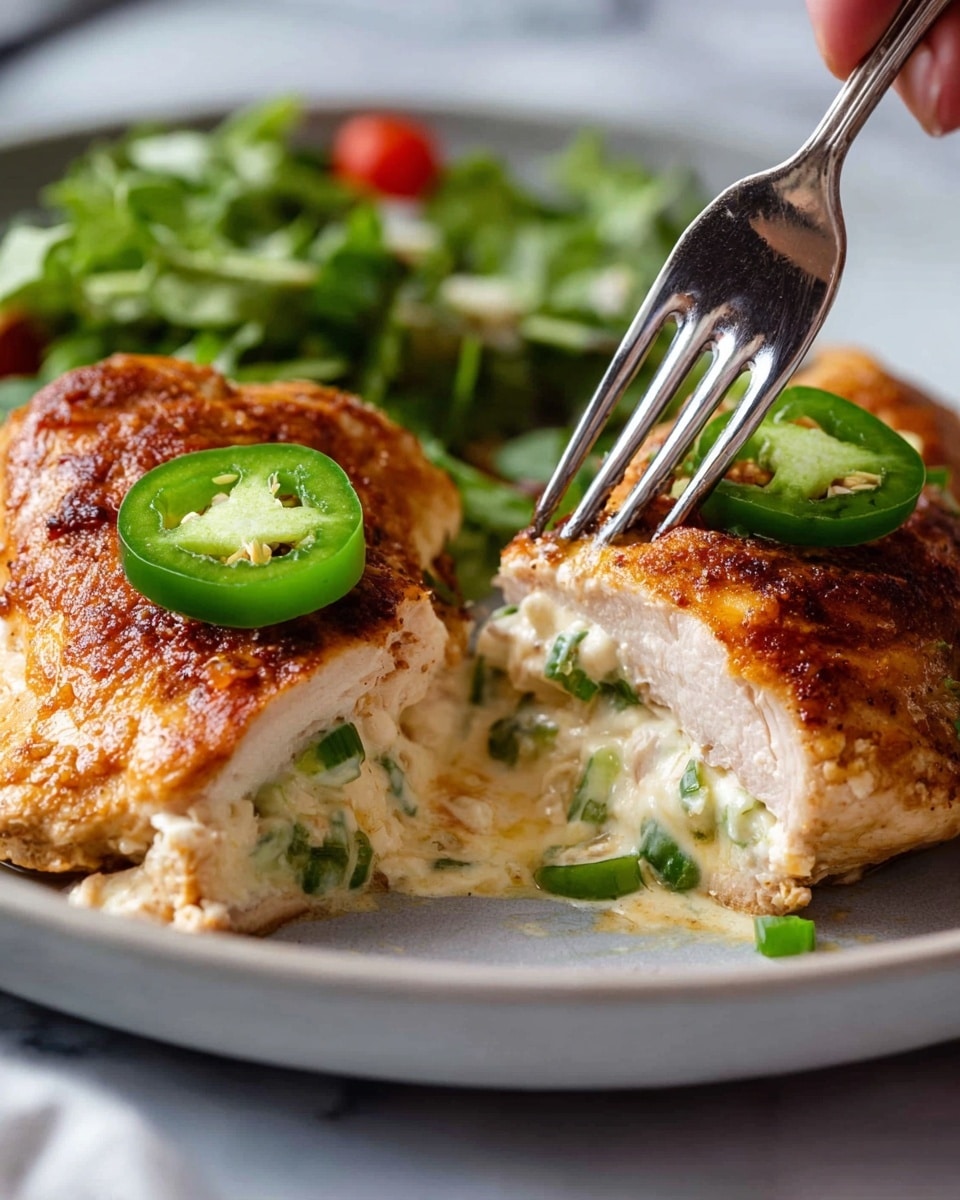 A close-up of a white plate with two thick chicken breasts that have golden-brown, crispy skin on top. One chicken breast is cut open to show a creamy, white cheesy filling with small pieces of green jalapeño inside. Each chicken breast is topped with two fresh, bright green jalapeño slices. A silver fork held by a woman's hand pierces one jalapeño slice on the chicken in the foreground. In the background, there is a small pile of green mixed salad with some red cherry tomato pieces, all placed on a white marbled surface. photo taken with an iphone --ar 4:5 --v 7