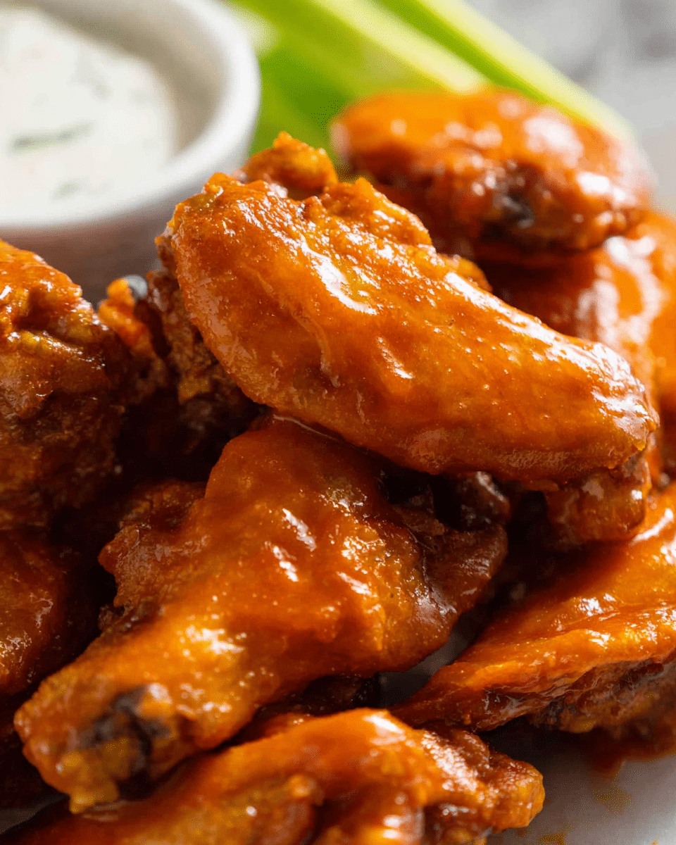 A close-up view of several crispy chicken wings covered in a shiny, bright orange sauce, stacked closely together. In the background, a white bowl with a creamy white dip is partially visible, along with some green celery sticks around the bowl. The texture of the wings appears crunchy under the thick sauce. The scene is set on a white marbled surface. photo taken with an iphone --ar 4:5 --v 7