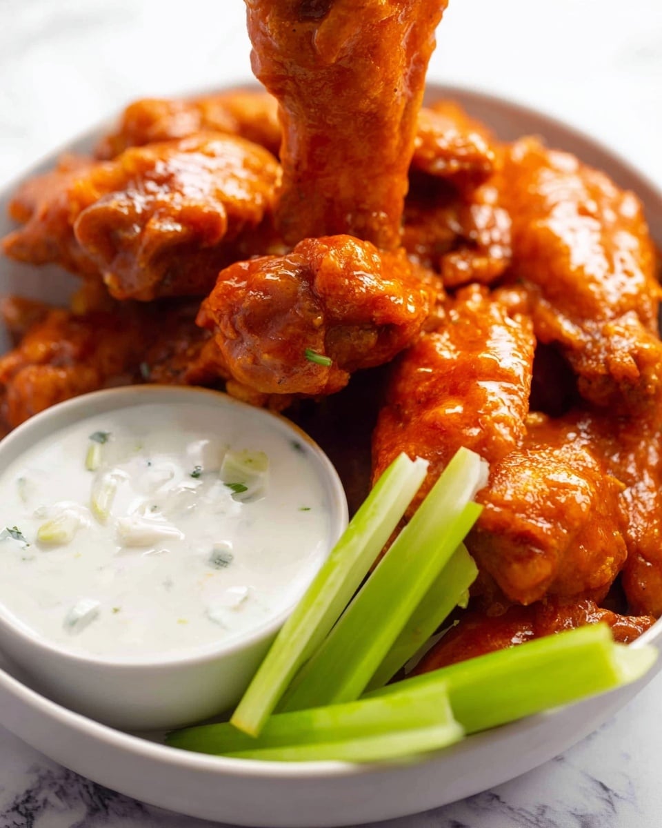 The image shows a white bowl filled with many bright orange buffalo chicken wings covered in a glossy sauce. On the side, there is a small white bowl filled with thick white ranch sauce, and three green celery sticks leaning inside the sauce bowl and resting on the wings. One chicken wing is held above the bowl, dipping slightly into the ranch sauce. The background is a white marbled texture. photo taken with an iphone --ar 4:5 --v 7
