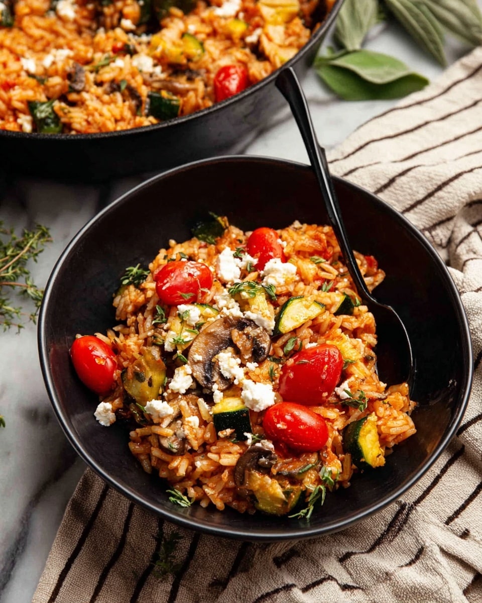 A black bowl is filled with a layered dish starting with orange-red cooked rice mixed with small chunks of green zucchini, yellow squash, and pieces of cooked mushrooms. Bright red cherry tomatoes are scattered on top, adding pops of color. White crumbled cheese is spread over the dish, giving a textured effect. Small green herb leaves are sprinkled across the top for freshness. A black spoon is placed inside the bowl. The bowl sits on a white marbled surface next to a beige cloth with thin gray stripes and green herb sprigs. In the top left, part of a black pan shows more of the same dish. Photo taken with an iphone --ar 4:5 --v 7