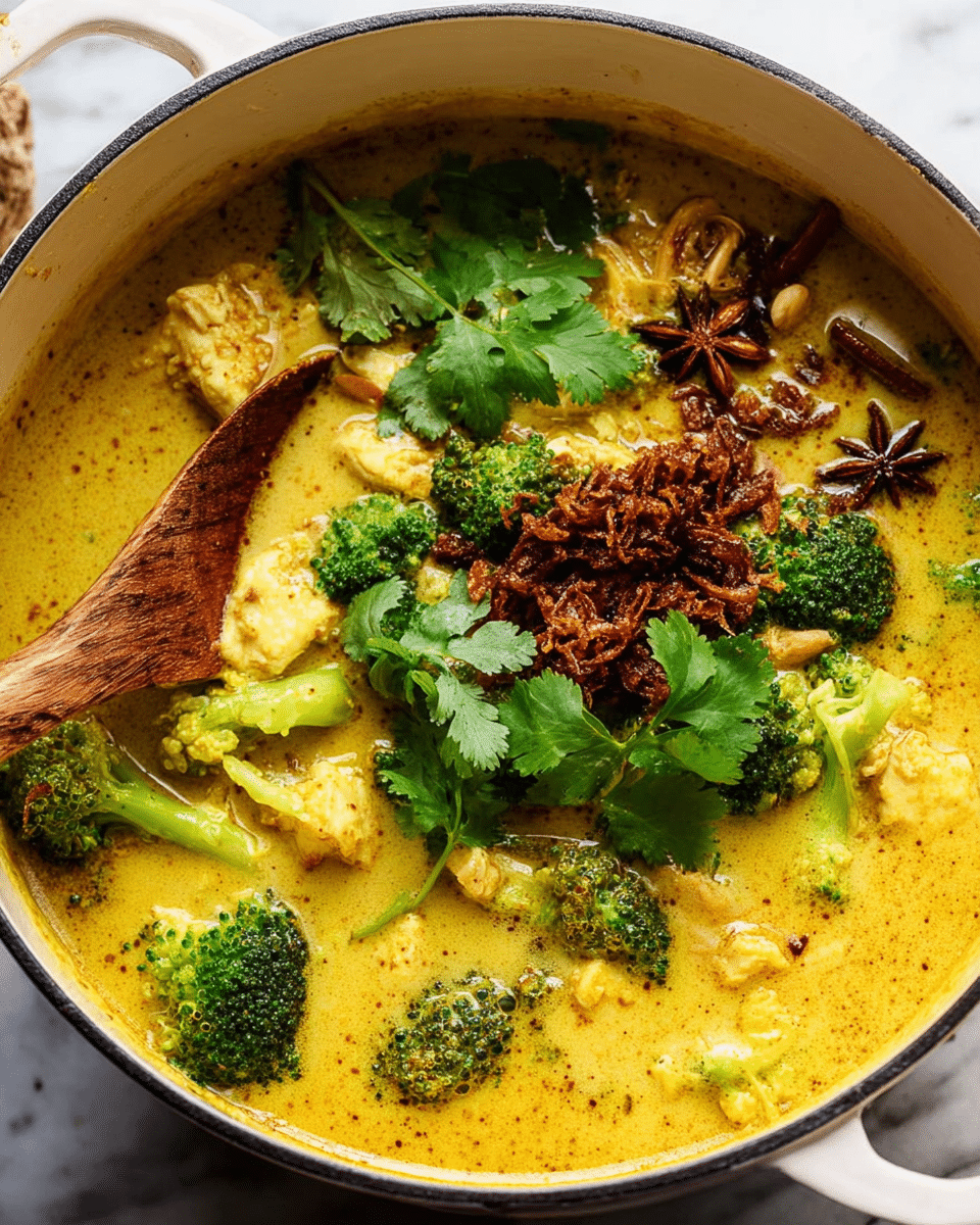 A round white pot filled with a yellow curry soup that has a smooth, creamy texture. Inside the curry, there are bright green broccoli florets scattered around, along with chunks of light-colored chicken. On the top of the soup, there are dark brown spices like a cinnamon stick and star anise floating. Fresh green cilantro leaves are placed on one side along with a pile of crispy brown fried shallots. A wooden spoon dips into the curry from the left side. The pot is resting on a white marbled surface. photo taken with an iphone --ar 4:5 --v 7