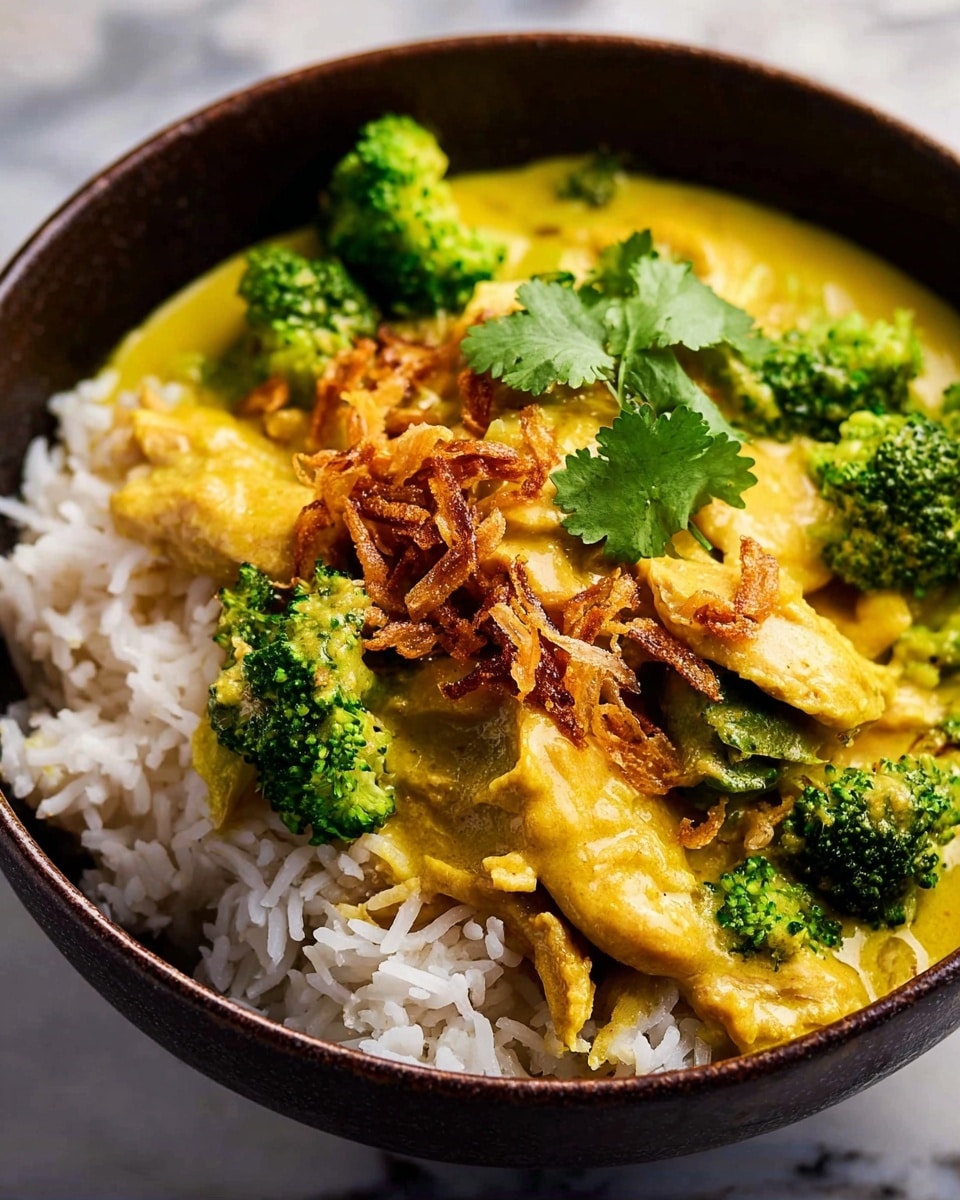 A close-up view of a bowl filled with white rice as the bottom layer, topped with creamy yellow curry sauce covering pieces of chicken and bright green broccoli florets. The curry sauce has a smooth texture with a slight shine, and crispy fried shallots are scattered on top along with fresh green cilantro leaves adding a pop of color. The bowl is dark brown, set on a white marbled surface. photo taken with an iphone --ar 4:5 --v 7