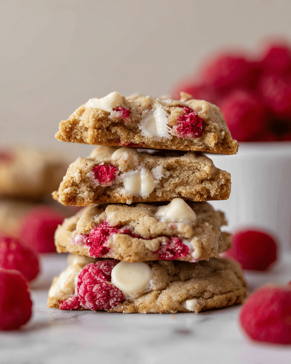 A stack of four uneven, broken cookie pieces arranged vertically, each cookie layer is golden-brown with a rough texture showing white chocolate chunks melted inside, and bright red raspberry bits scattered throughout. The top cookie has visible white chocolate melting on the surface with a fresh raspberry piece on top left. The cookies sit on a white marbled surface with blurred fresh raspberries in the background and a white bowl filled with raspberries off to one side. photo taken with an iphone --ar 4:5 --v 7