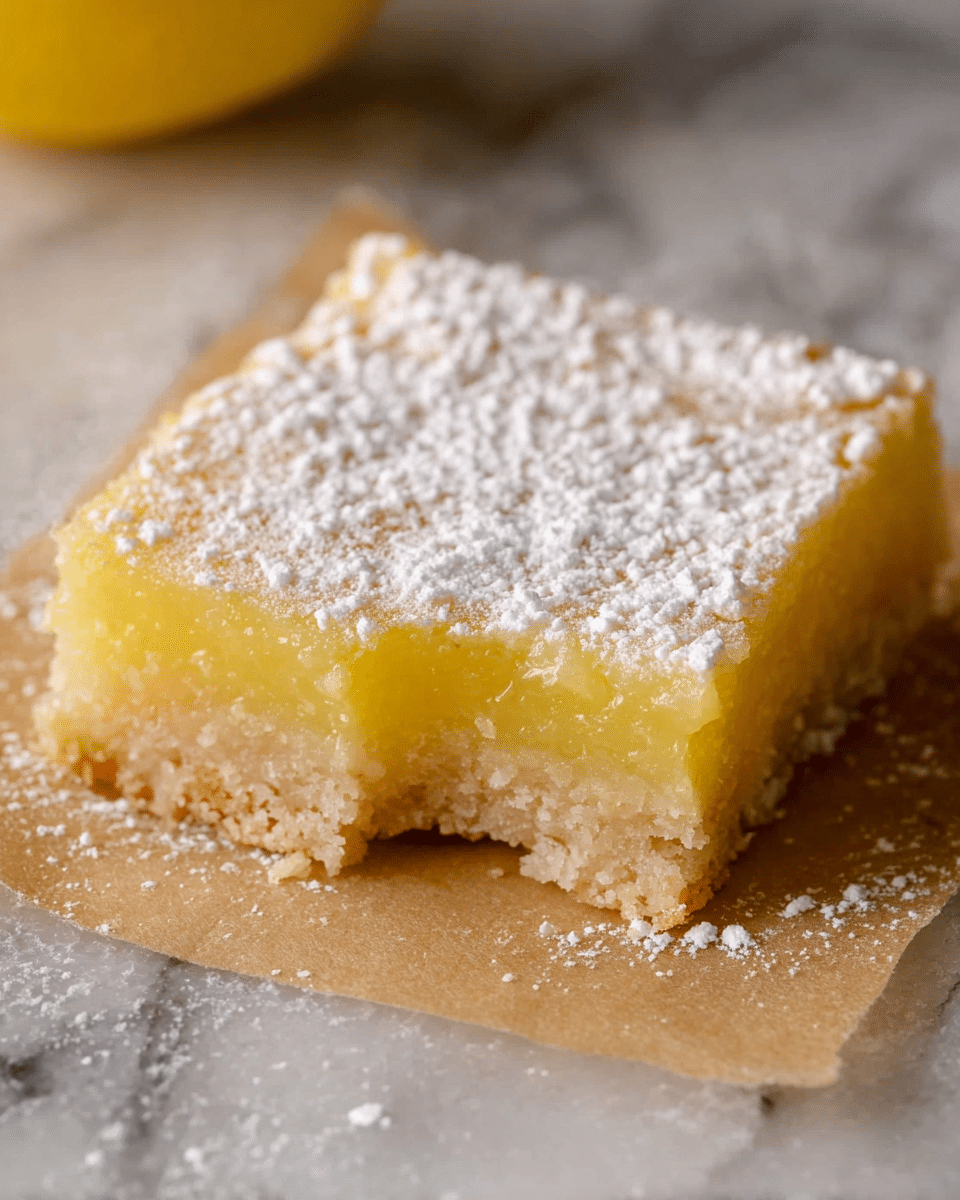 A single square lemon bar with two distinct layers sits on a piece of parchment paper over a white marbled texture surface. The bottom layer is a pale golden crust, crumbly in texture and slightly thick, while the top layer is a bright yellow, smooth, and glossy lemon filling. The lemon bar is dusted generously with white powdered sugar, and a small bite is taken out of one corner, showing the soft filling inside. Photo taken with an iphone --ar 4:5 --v 7