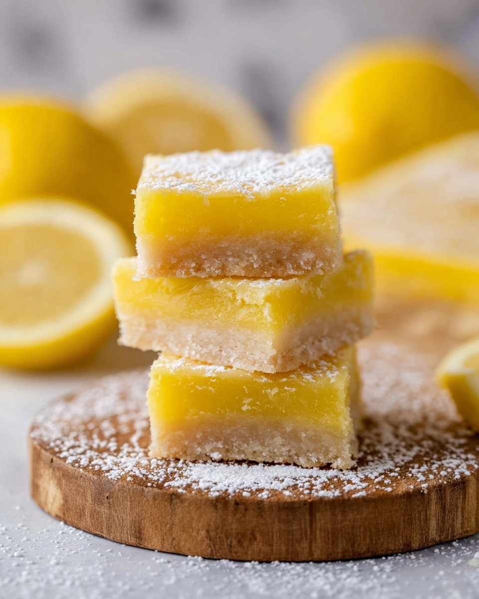 The image shows a stack of three lemon bars with two layers each, placed on a round wooden board with powdered sugar dusted on top and around them. The top layer is bright yellow, smooth, and glossy, showing a creamy lemon filling, while the bottom layer is a light beige, crumbly crust. In the blurred background, whole lemons and lemon halves are visible, adding a fresh and vibrant yellow tone to the scene, all set against a white marbled texture. photo taken with an iphone --ar 4:5 --v 7