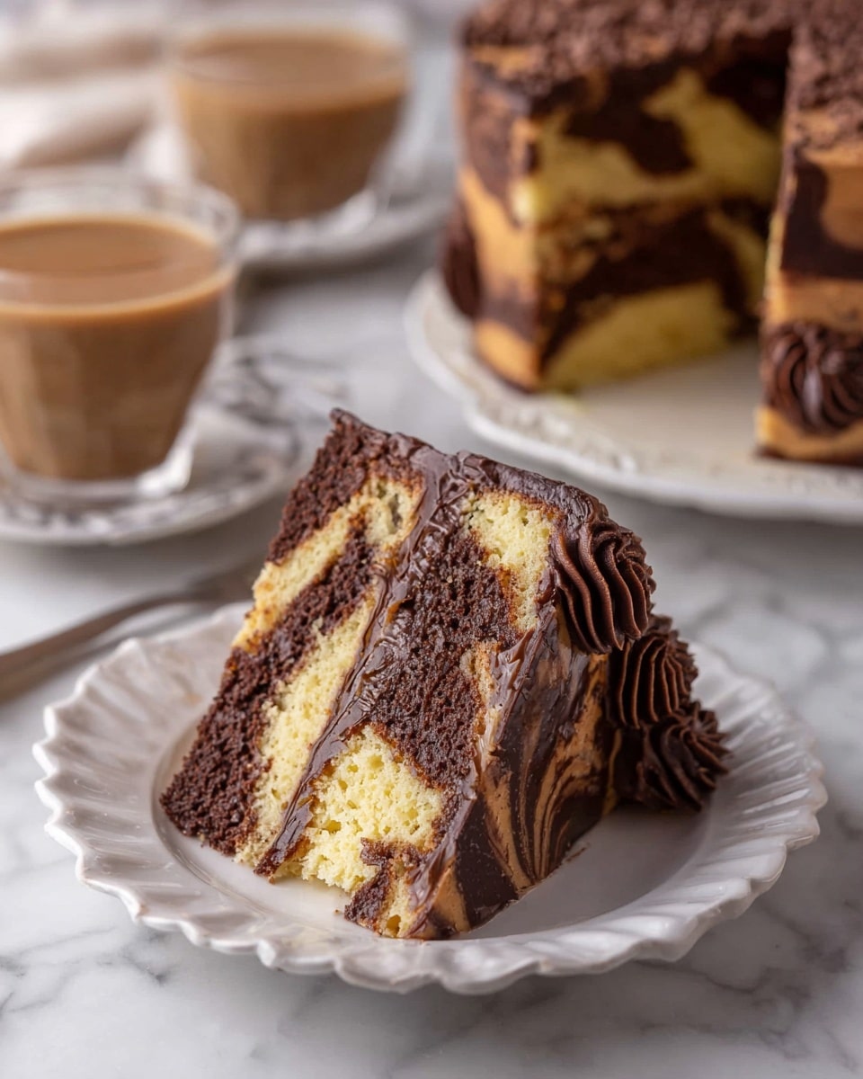 A slice of two-layer marbled cake sits on a white scalloped plate placed on a white marbled surface; the cake layers show a mix of yellow and chocolate swirled patterns with thick, dark chocolate frosting between and around the edges, decorated with quaint swirls of frosting on the side. In the background, a second identical cake slice is on another white scalloped plate, next to a glass cup filled with light brown coffee or tea. Behind, the rest of the cake with similar marbled patterns covered in chocolate frosting completes the scene. Photo taken with an iphone --ar 4:5 --v 7