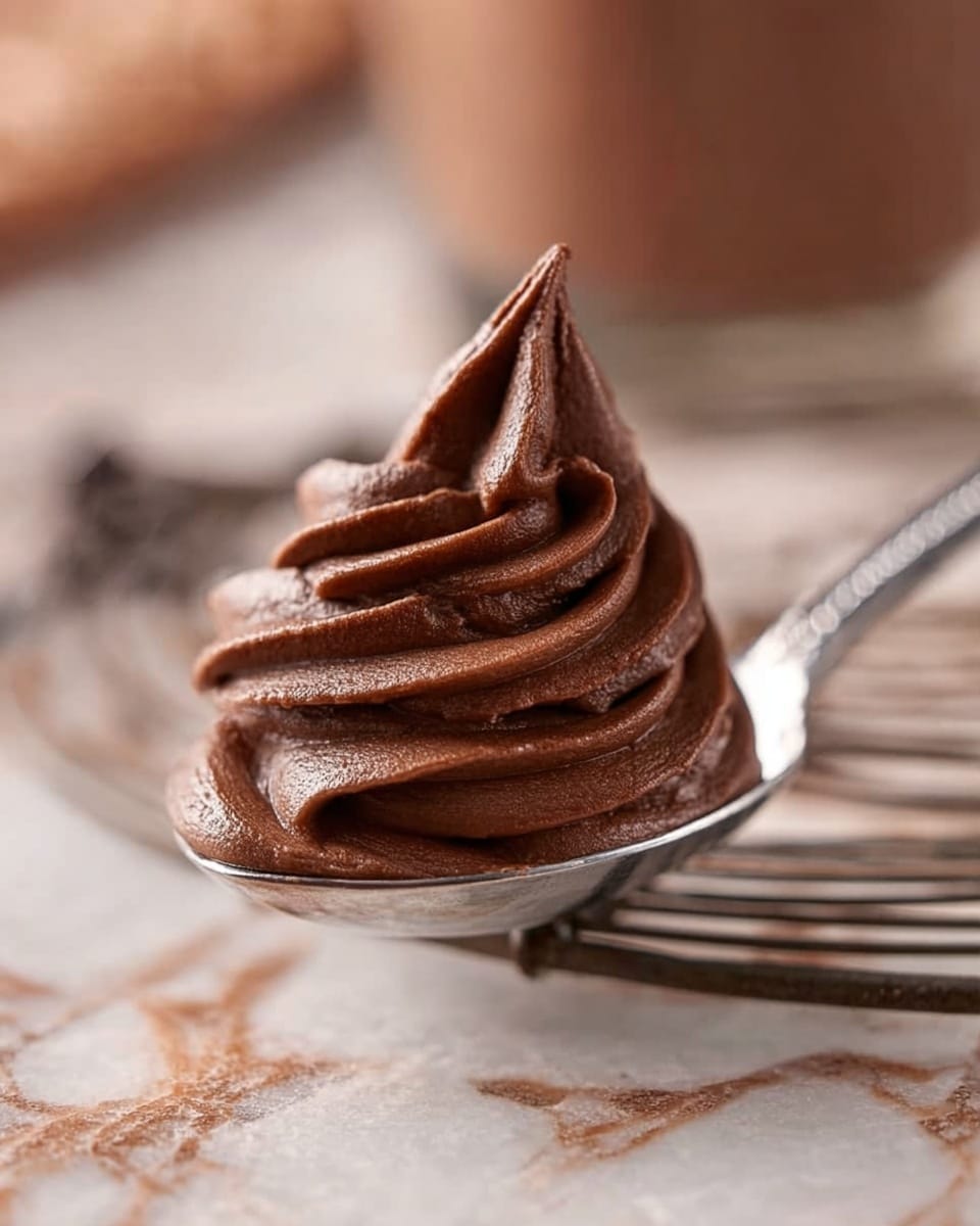 A small swirl of smooth, rich chocolate mousse sits neatly on a shiny silver spoon. The mousse is dark brown with a soft, creamy texture, shaped into a single tall peak with smooth curves and folds. The spoon rests on a metal cooling rack, all placed on a white marbled surface. The background is softly blurred with warm brown tones. photo taken with an iphone --ar 4:5 --v 7