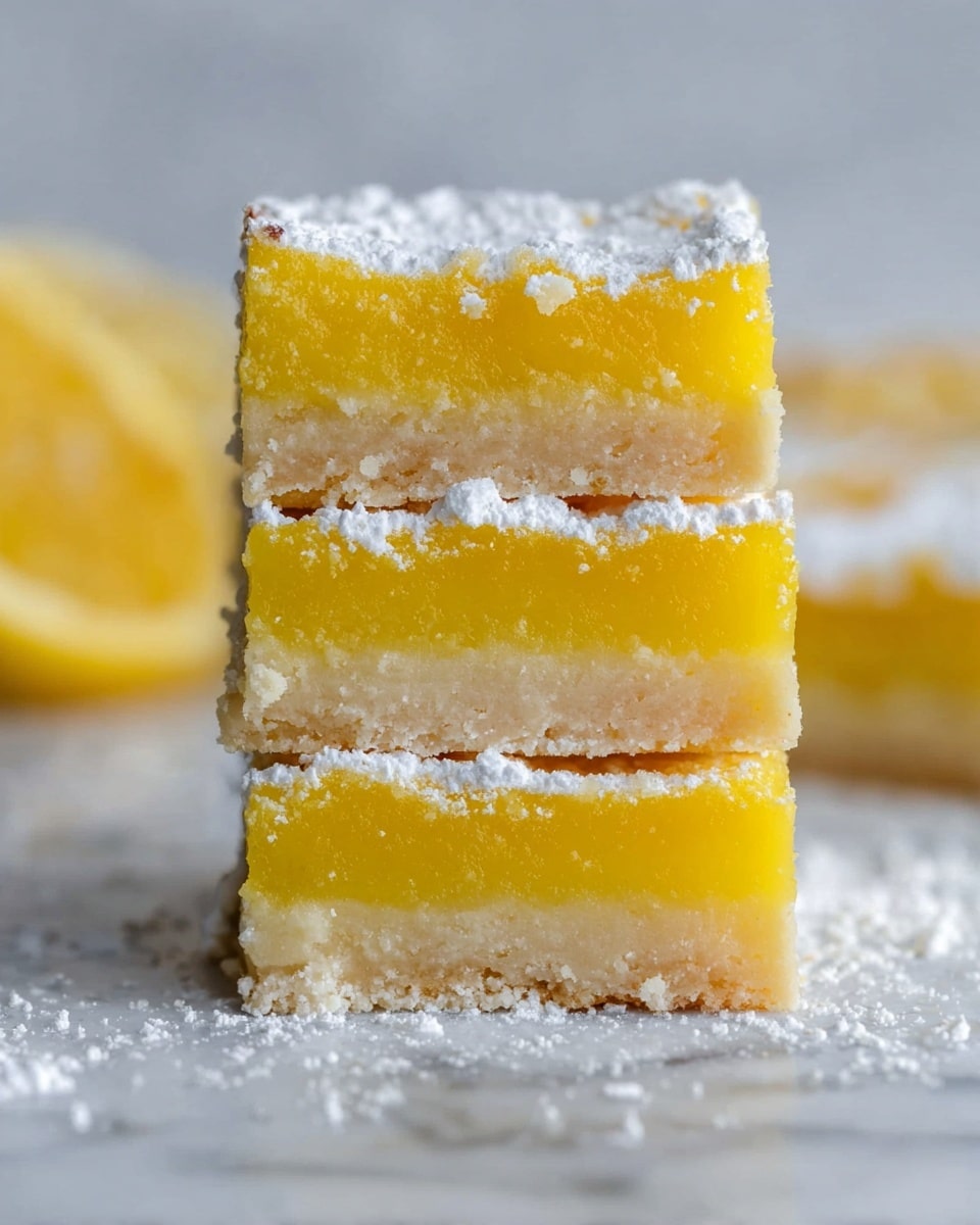 A stack of three lemon bars is shown, each bar having two layers: a bottom light beige crumbly crust and a top bright yellow, smooth, and slightly glossy lemon filling. A thin dusting of white powdered sugar is sprinkled on top of each bar and visible between the layers, adding a soft texture. The bars are placed on a surface with a white marbled texture, and some powdered sugar is scattered around them. In the background, blurred yellow lemon slices can be seen. photo taken with an iphone --ar 4:5 --v 7