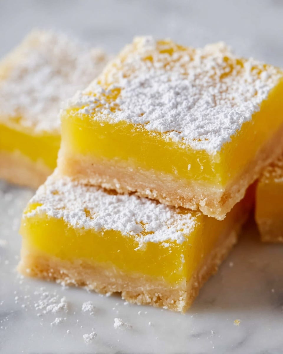 The image shows square lemon bars stacked on each other, each having two clear layers: a thick bright yellow lemon layer on top and a thinner light beige crust at the bottom. The top surface of the lemon bars is dusted with white powdered sugar that contrasts with the lemon's yellow. The bars have clean, sharp edges, and the texture of the crust looks crumbly while the lemon layer appears smooth and slightly glossy. The background is a white marbled surface. photo taken with an iphone --ar 4:5 --v 7
