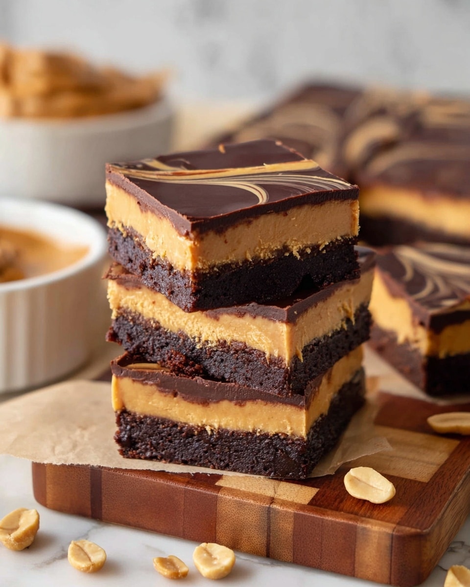 The image shows two thick square layered desserts stacked on each other, each with four distinct layers. The bottom and third layers are dark, dense chocolate cake with a slightly rough texture. The second and fourth layers are smooth, golden peanut butter, creamy and thick. The top layer is glossy dark chocolate with a light peanut butter swirl design on the surface. Around the stack, there are more pieces of the same dessert and salted peanuts scattered on a checkered wooden board, all placed on a white marbled surface. In the background, there is a white bowl filled with peanut butter. Photo taken with an iphone --ar 4:5 --v 7
